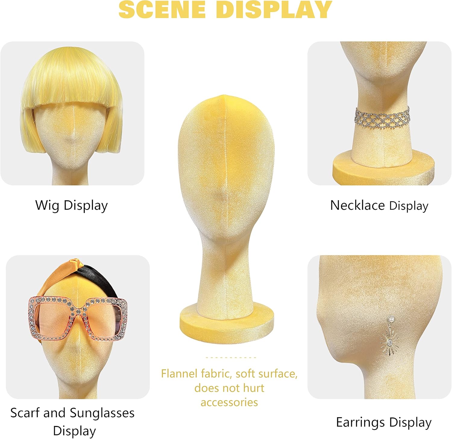 Female Yellow Head Mannequin, Velvet Wig Head Stand Dress Form, Head Model Can Wear Earring Head for Hat Wig Jewelry Clothing Fabric Head Model Rose Red, 35cm
