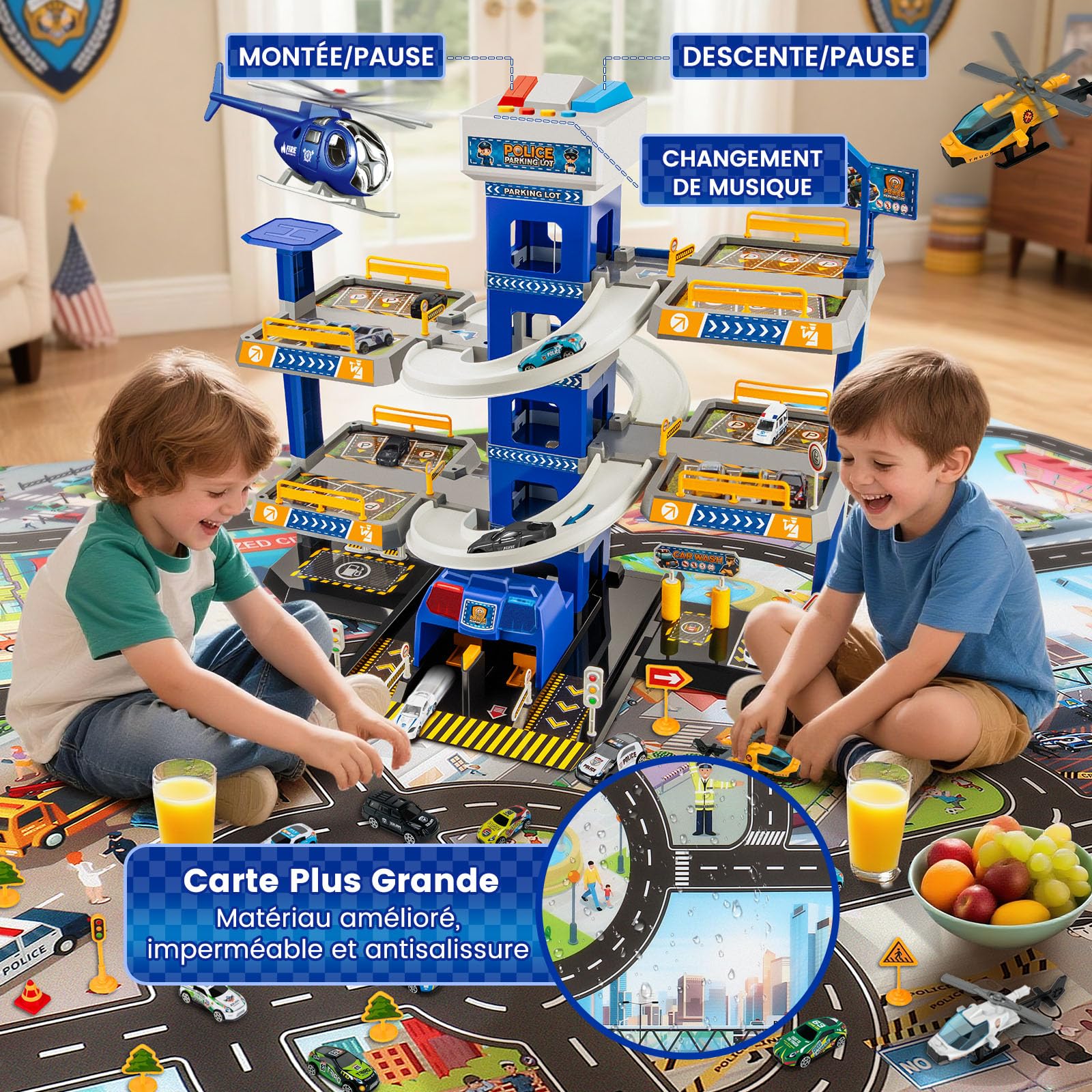 BuzzoXerex 5 Etages Garage pour Enfants, Piste de Course avec 14 Voitures et 2 Hélicoptère, Jouet Garage Voiture avec Ascenseur Electrique Circuit, Cadeaux pour Enfants 5 6 7 8 9 Ans (Police)
