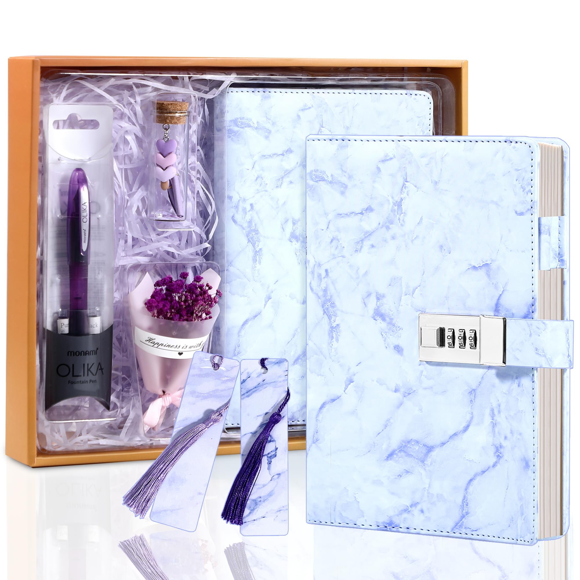 CAGIE Diary with Lock for Girls and Women, Gifts for 8 9 10 11 12 13 14 Year Old Girls Birthday Gifts, Kids Marble Journal Set for Teen Girls Ages 12-14 Teenage Secret Diary Gifts with Pen, Purple