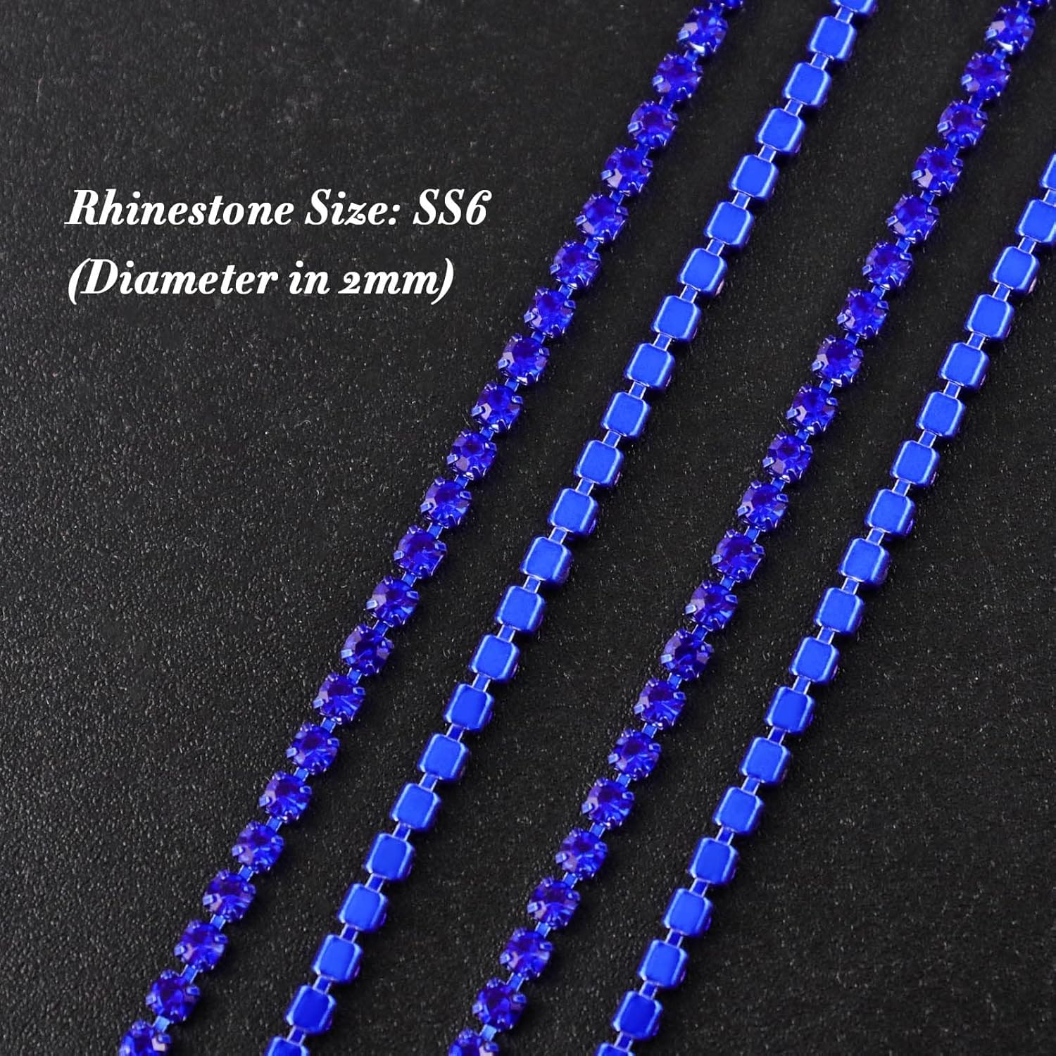 DeLush 1 Roll 10 Yards Rhinestone Chain – 2mm Crystal Close Cup Chain Trim, Sew-On Claw Rhinestones for DIY Crafts, Dresses, Jewelry Making, Decorations (Pack of 1) (Sapphire/Dark Blue) 2