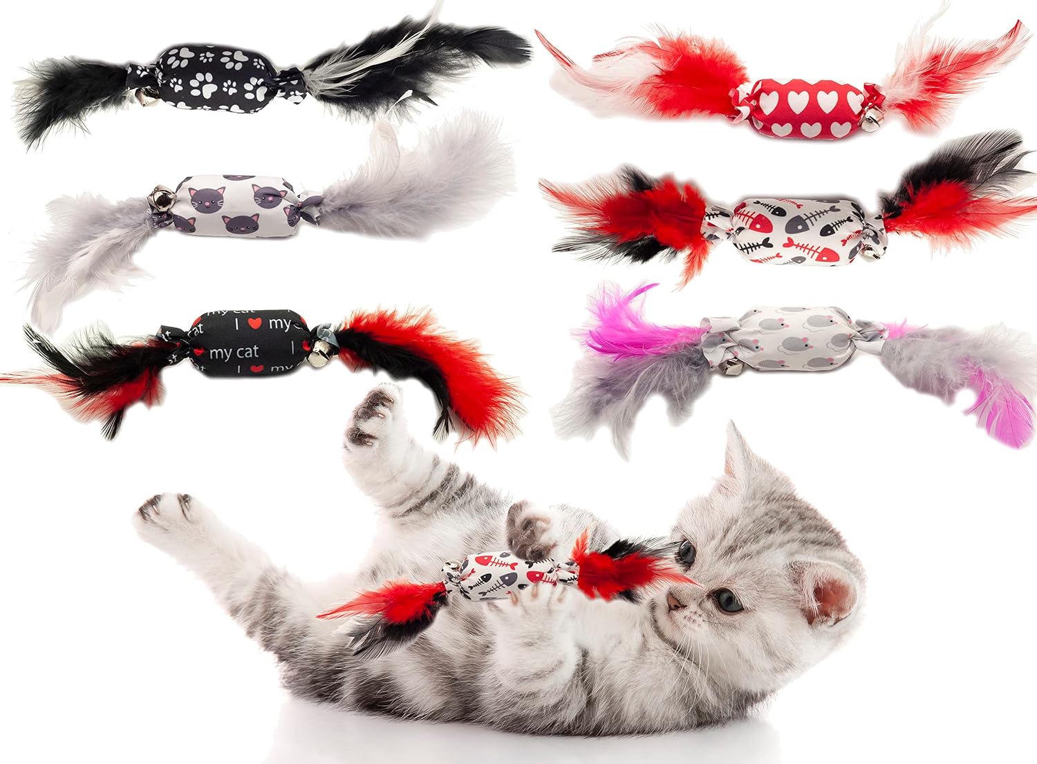 Fashion's Talk 10PCS Assorted Candy-Shaped Catnip Cat Toy with Feathers and Bell for Indoor Cats,Kitten.Natural Catnip Filling and…