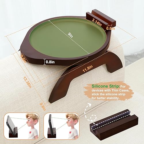 Miniatura 6 de SINWANT Mesa de brazo para sofá, bandeja redonda de bambú con clip para sofá con soporte para teléfono de 360, mesa plegable para reposabrazos de