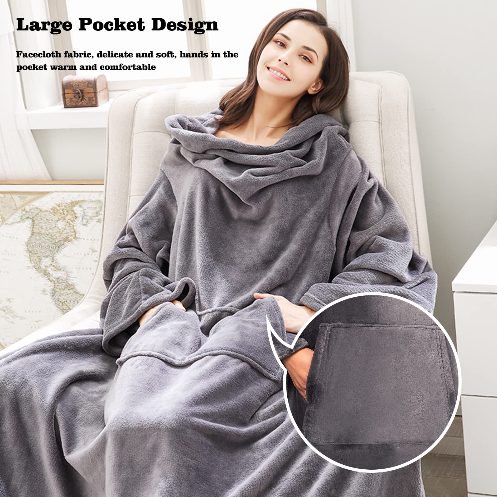 Ergocar Manta usable, Manta con Mangas y Bolsillos, Manta de TV de Franela, Manta de Forro Polar Suave y Gruesa, Caliente y Acogedora Manta para Sofá, Oficina, 150x180 CM