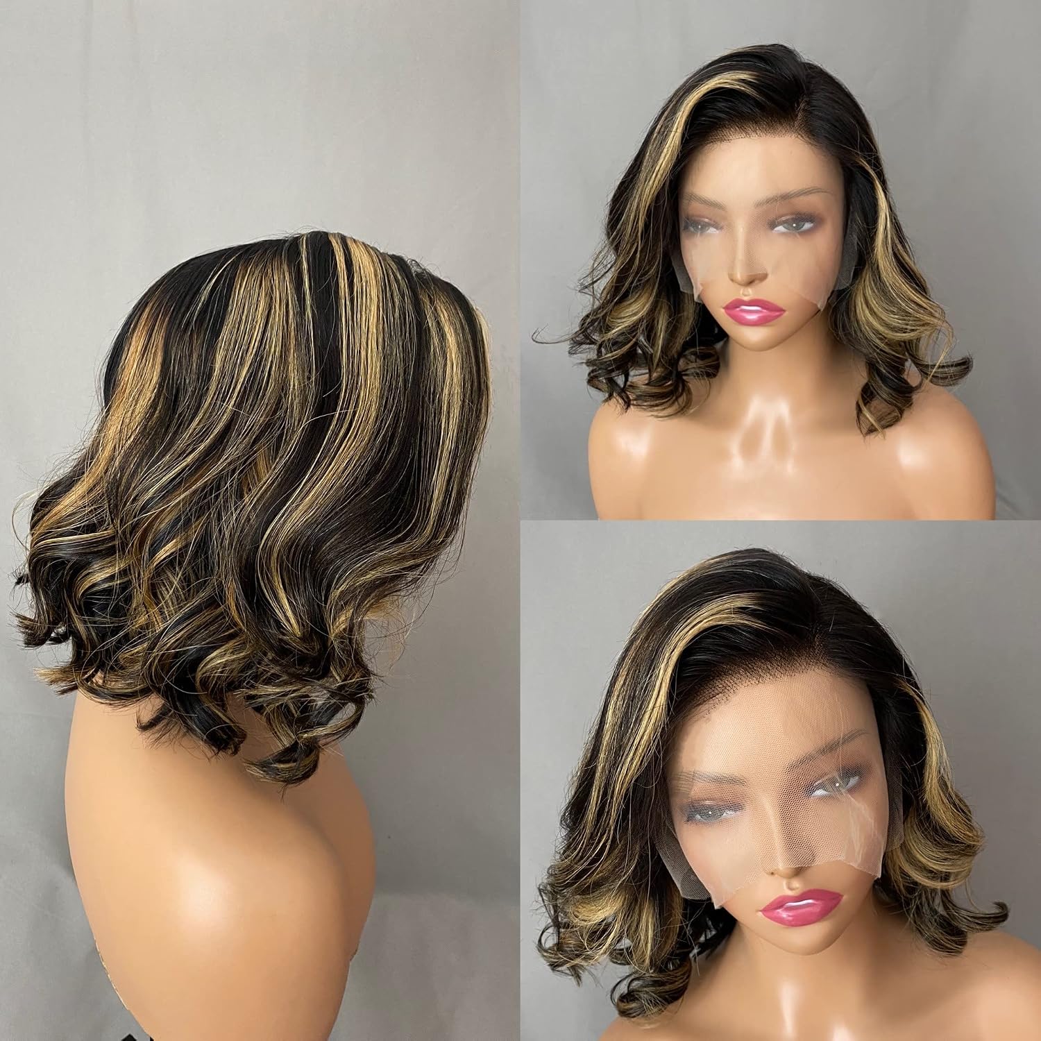 Glueless Short Bob Highlight Wig 13x4 Transparent Lace Front Wigs Natural Wave Human Hair Wig with Blonde Highlight Wigs 12 Inches