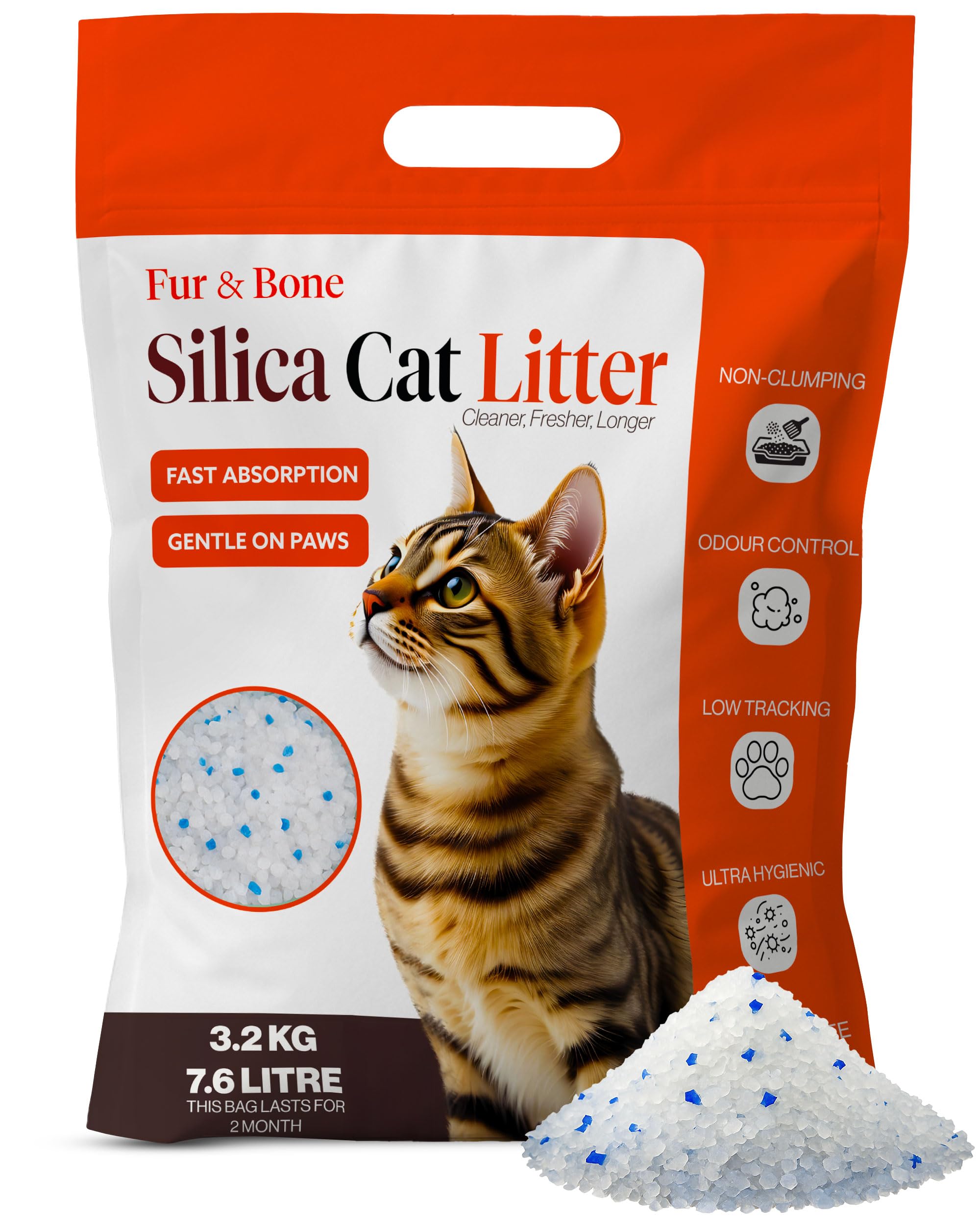 Fur & Bone 7.6L Silica Cat Litter - Non-Clumping Cat Litter Crystals - Ultra Absorbent, Fast-Drying & Low-Dust, Odor Control Crystal Granules, Easy to Clean for Housetraining Cats and Kittens