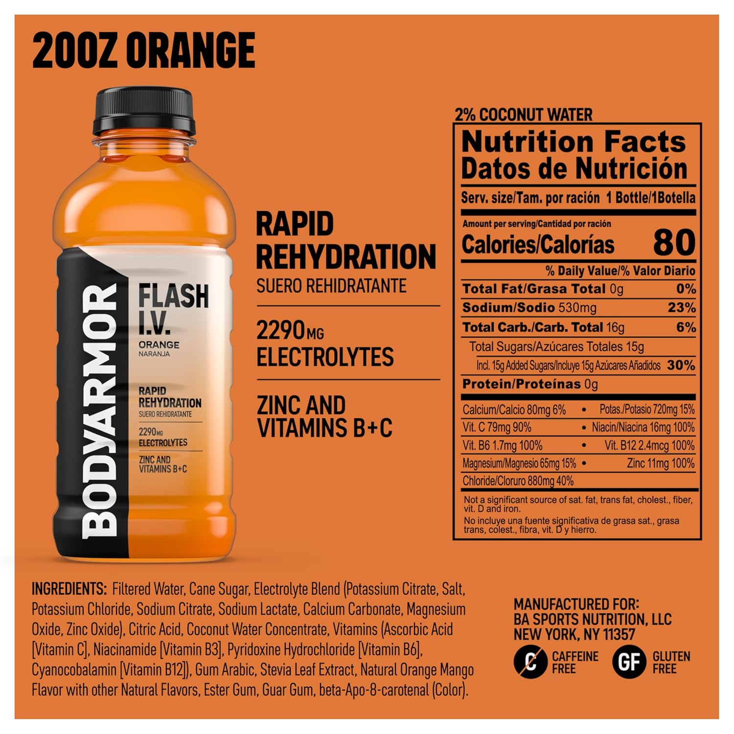 BODYARMOR Flash I.V. Electrolyte Beverage, Orange, Hydration Drink with Coconut Water For Rapid Rehydration, Post Workout Recovery, 20 Fl Oz (Pack of 12)