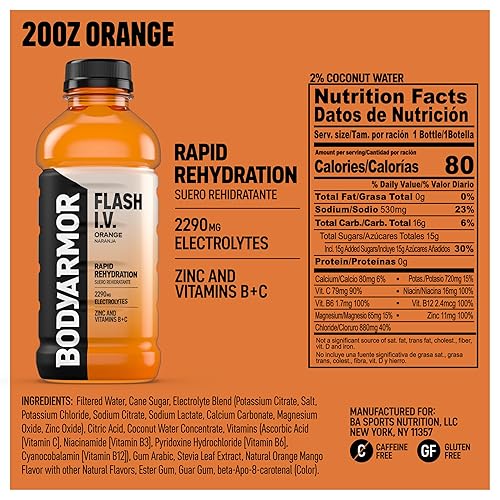 Vista 2 de BODYARMOR Flash I.V. Bebida de electrolitos, naranja, bebida de hidratación con agua de coco para una rehidratación rápida, recuperación después