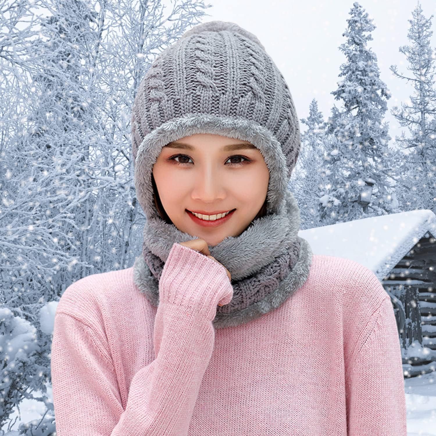 HUAMULAN Women Winter Beanie Hats One Piece Fleece Lined Knit Balaclavas Mask Set Skull Neck Circle Scarf Ski Snow Hat Pompom - Image 5