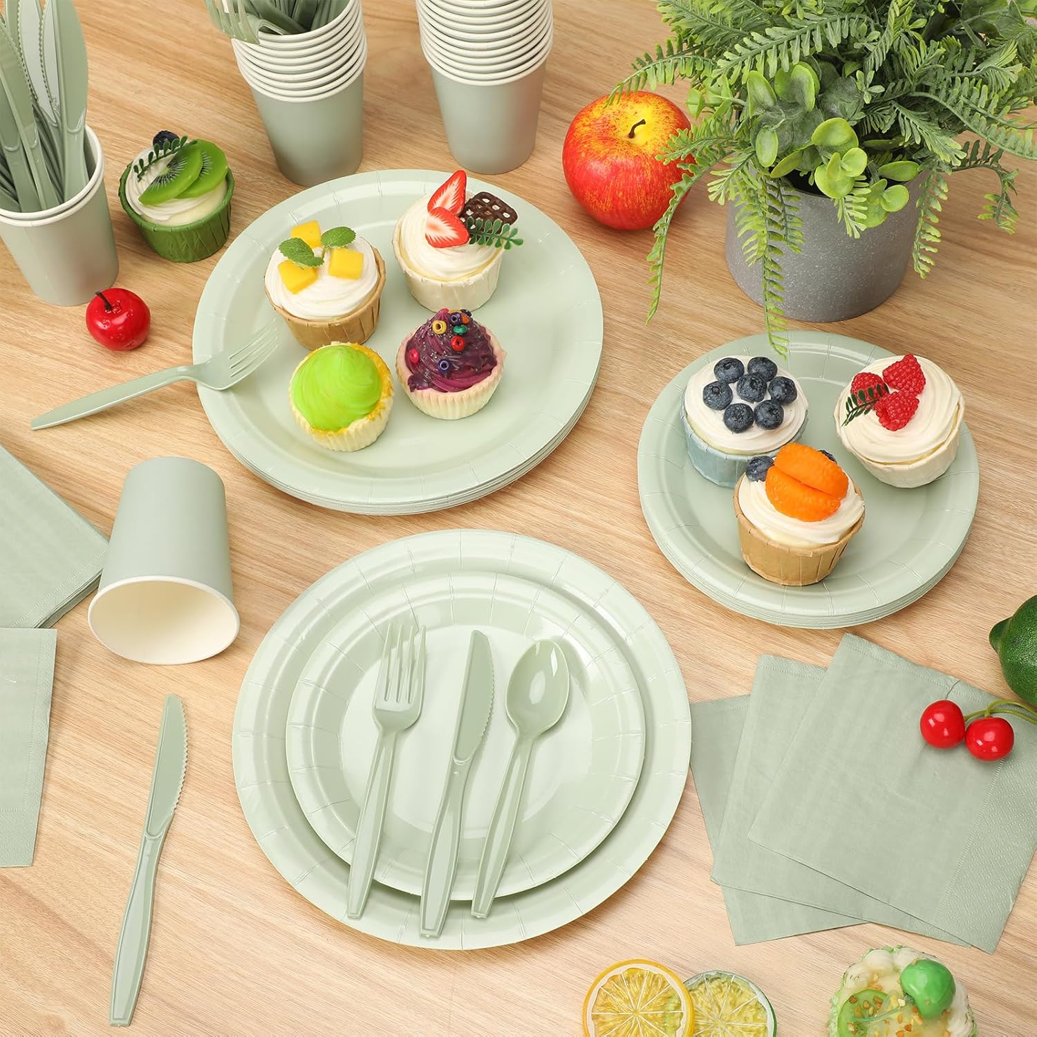 Dandat 700 Pcs Bridal Shower Decorations Baby Shower Party Supplies Include Plates Cups and Napkins Sets with Plastic Forks Knives Spoons for Wedding Birthday (Sage)