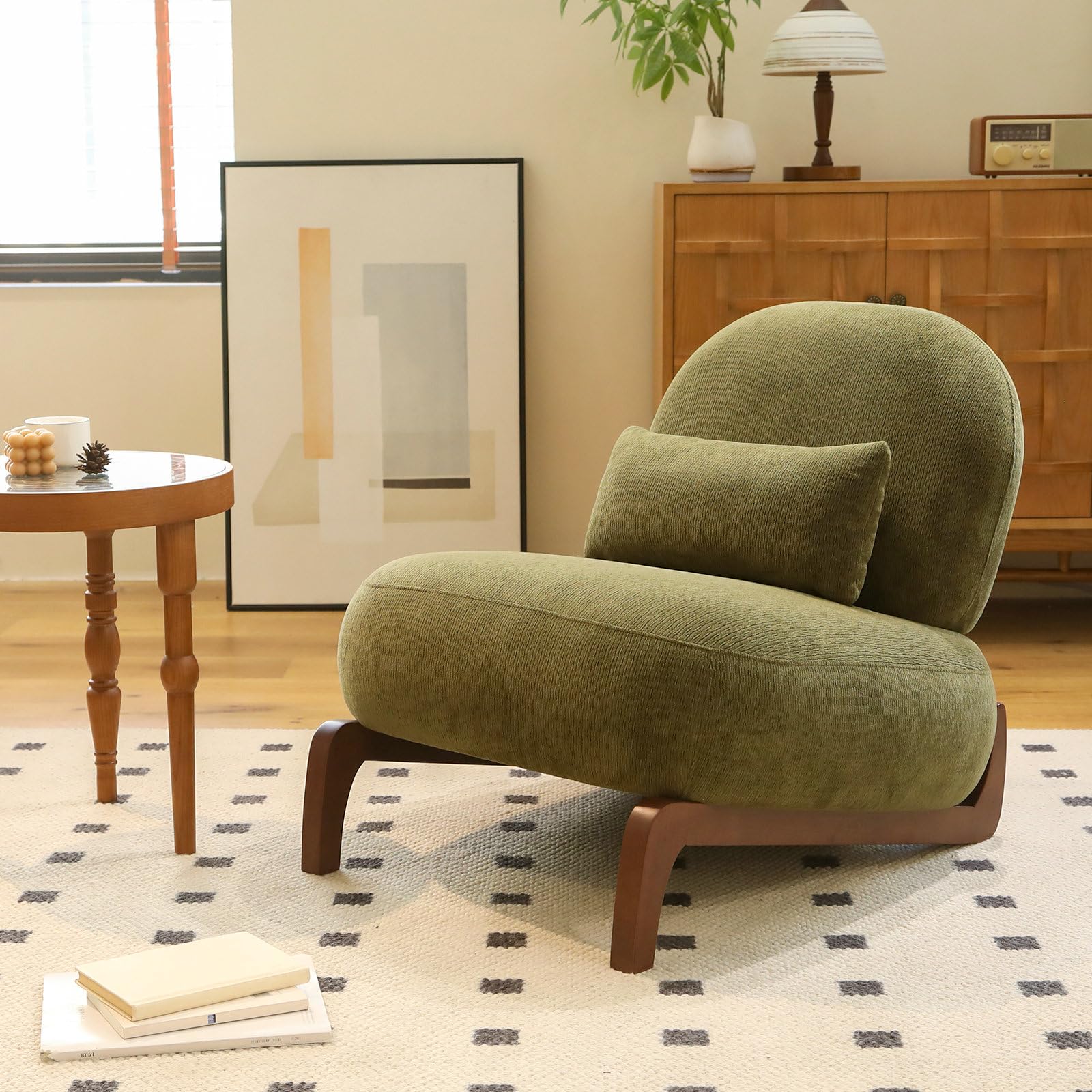 Gemütlicher Samt Sessel Wohnzimmer, Niedlicher Armlehnloser Loungesessel mit Massivholzbeinen, Lesesessel Schlafzimmer für Wohnung, Balkon, Wartezimmer (grün)