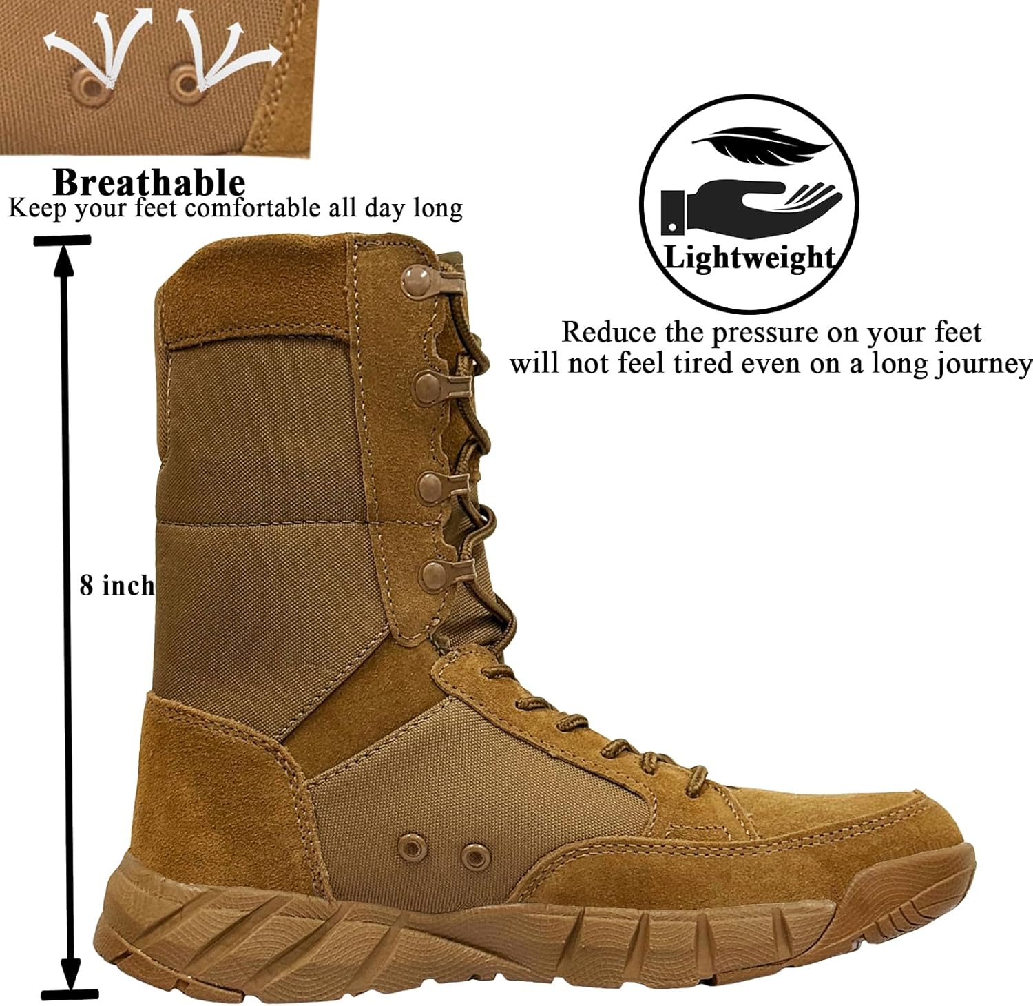 Lightweight Mens Tactical Shoes Combat Boots Coyote Brown Boots Military Training Lace Up Outdoor Hiking Breathable Army Shoe Side Zipper - Image 4