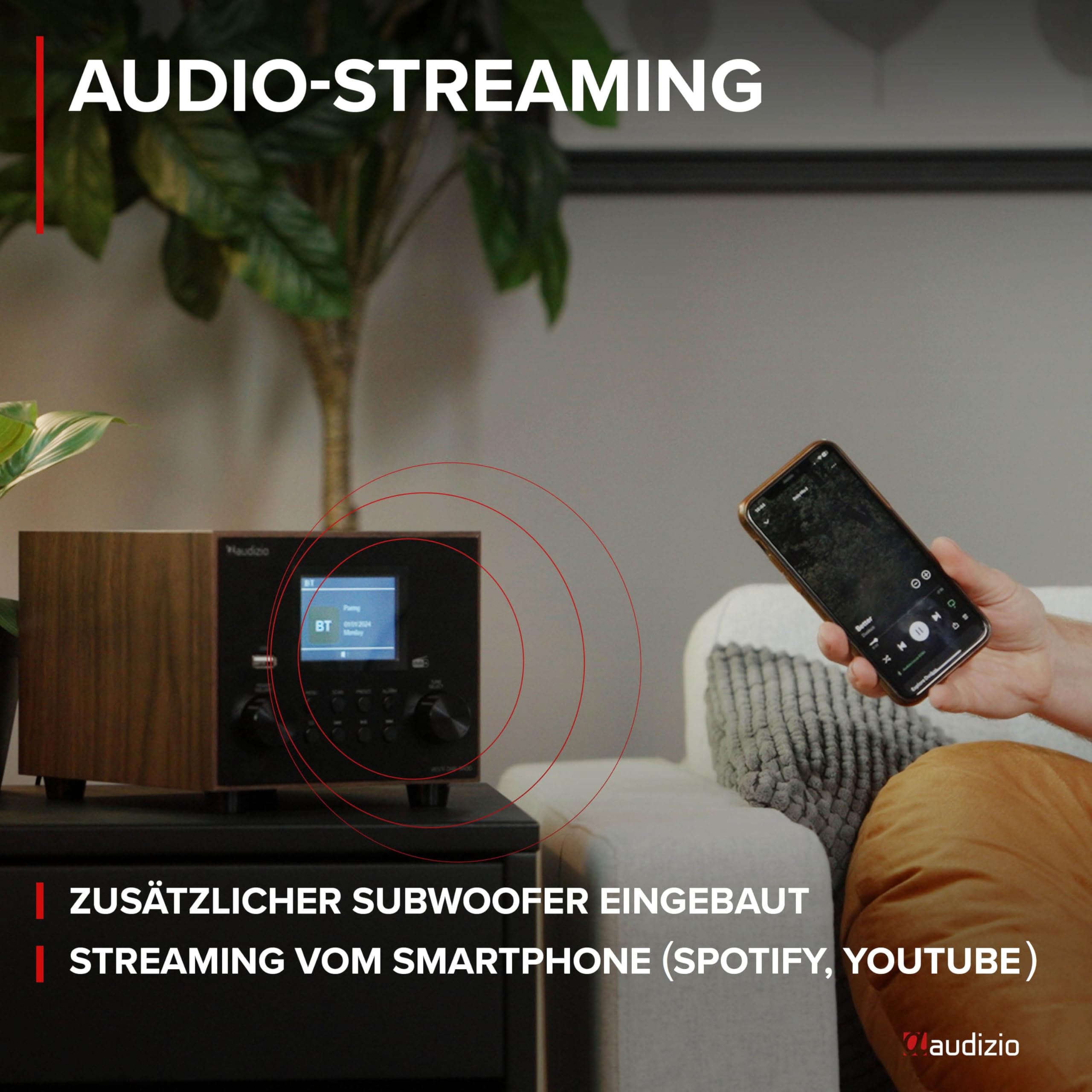 Audizio Vieste - DAB Radio mit Bluetooth, 60 Watt Lautsprecher, DAB Plus Radio mit USB Anschluss, FM & UKW, Weckerfunktion, 20 Speicherplätze, Auto-Suchlauf, Holz Braun