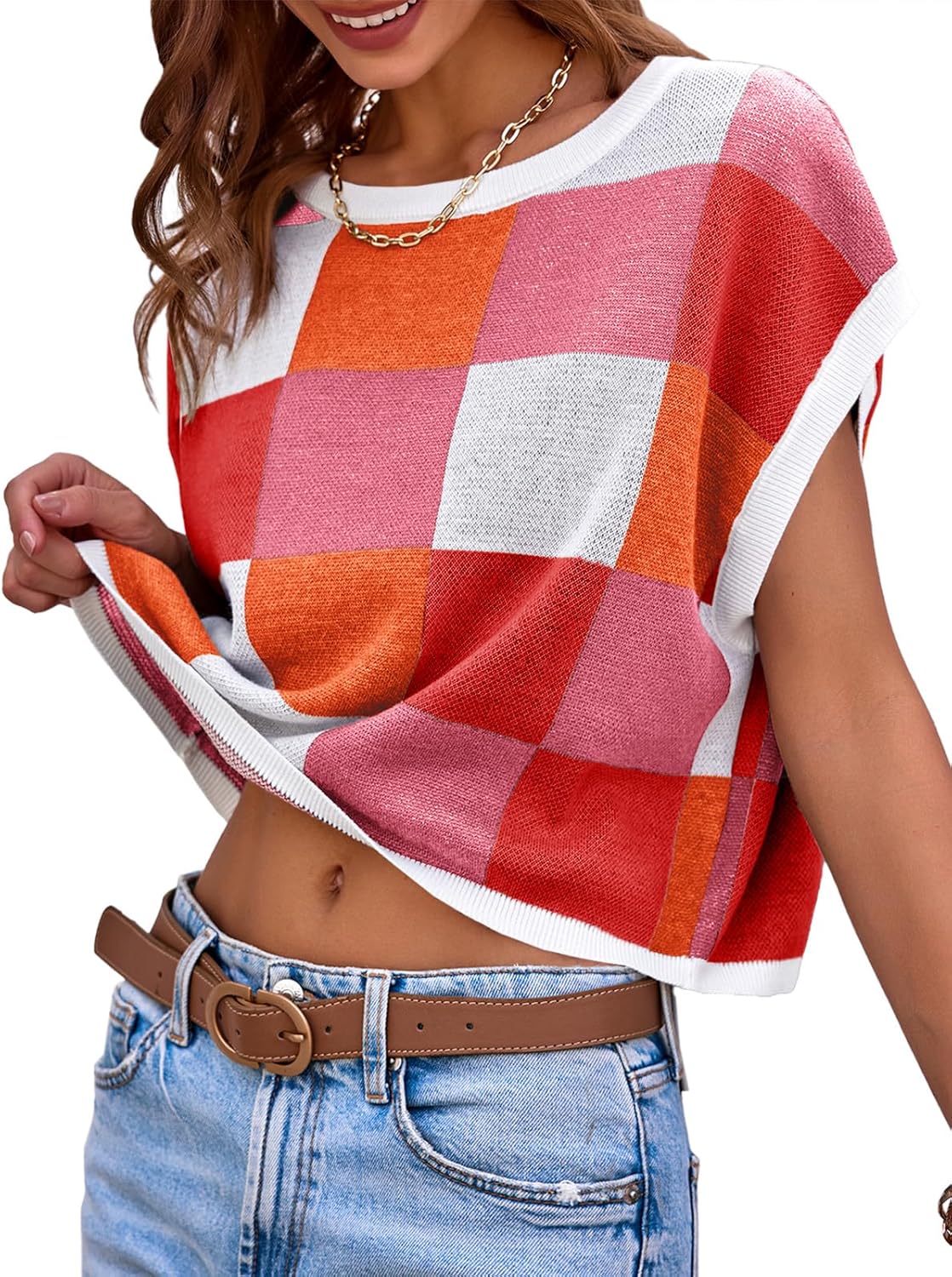 Saodimallsu Womens Cap Sleeve Crop Tops Summer Color Block Going Out Crew Neck Knit Trendy Casual Sweater - Image 3