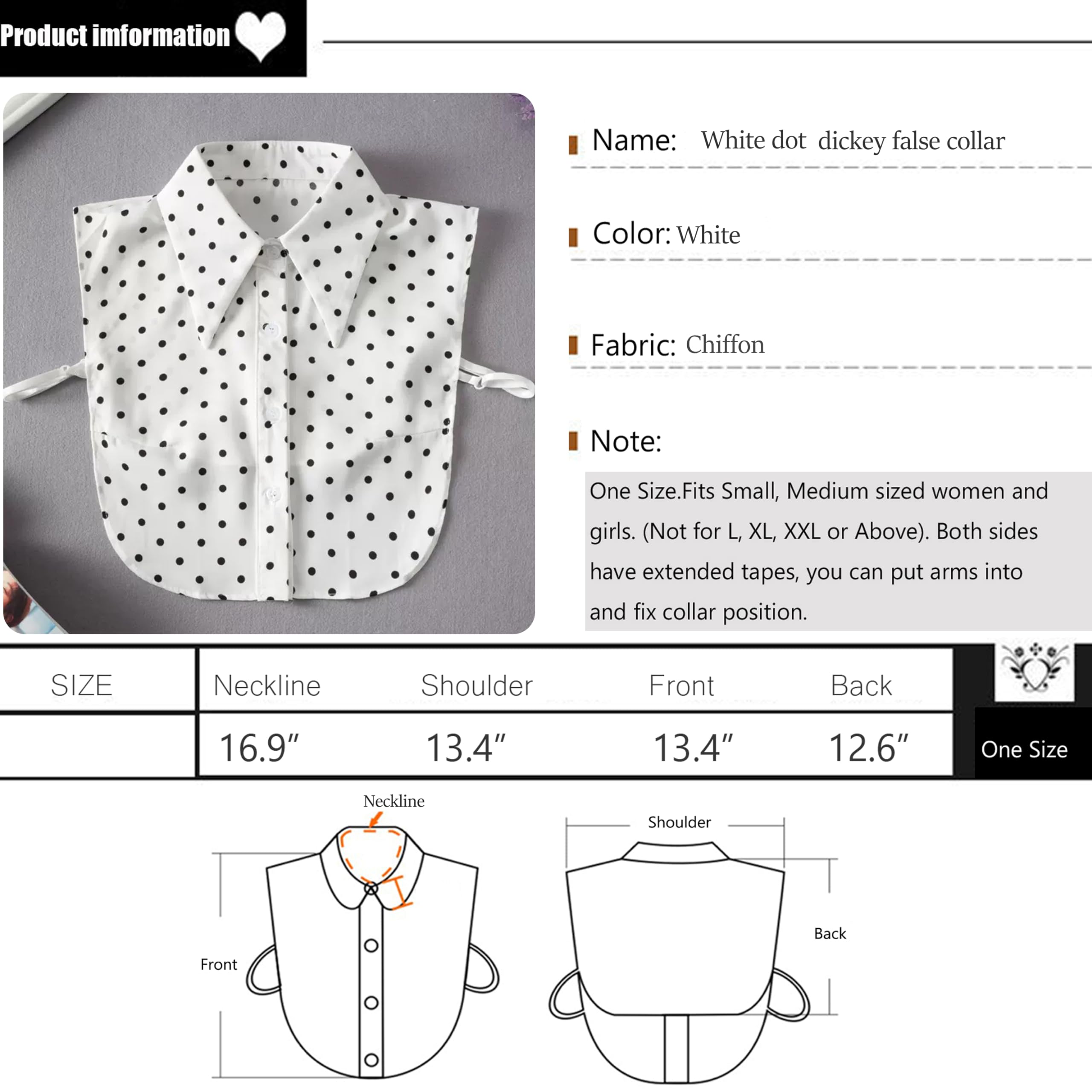 Cuello falso desmontable de gasa, media camisa, cuello Dickey, cuello falso, elegante para mujeres y niñas, 312-c C gasa punto blanco 7