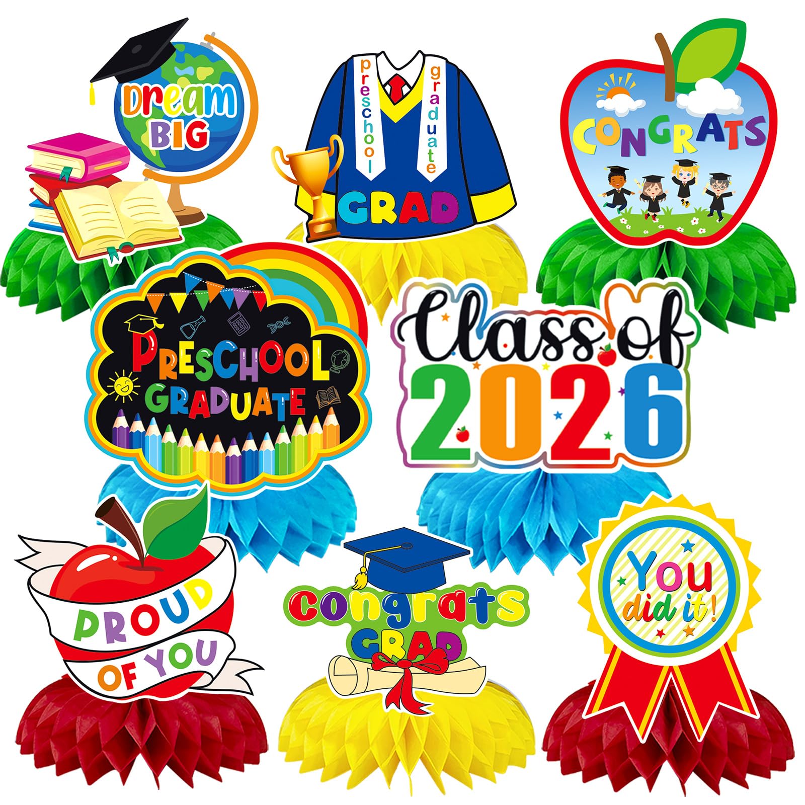JULMELON 8 Pcs Preschool Graduation Decorations 2026 Honeycomb Centerpieces