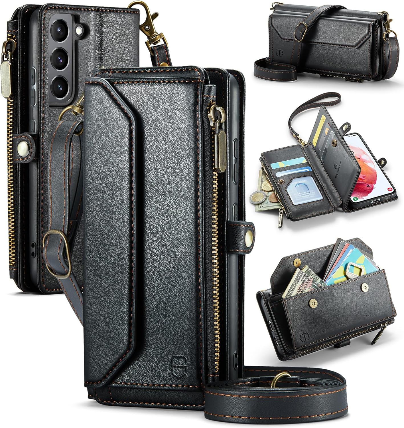 Strapurs Crossbody Wallet Case Compatible with Samsung Galaxy S21 5G RFID Blocking Card Holder Soft PU Leather Magnetic Snap Shoulder Strap Zipper Pocket Phone Case Fit for Galaxy S21 6.2" - Black