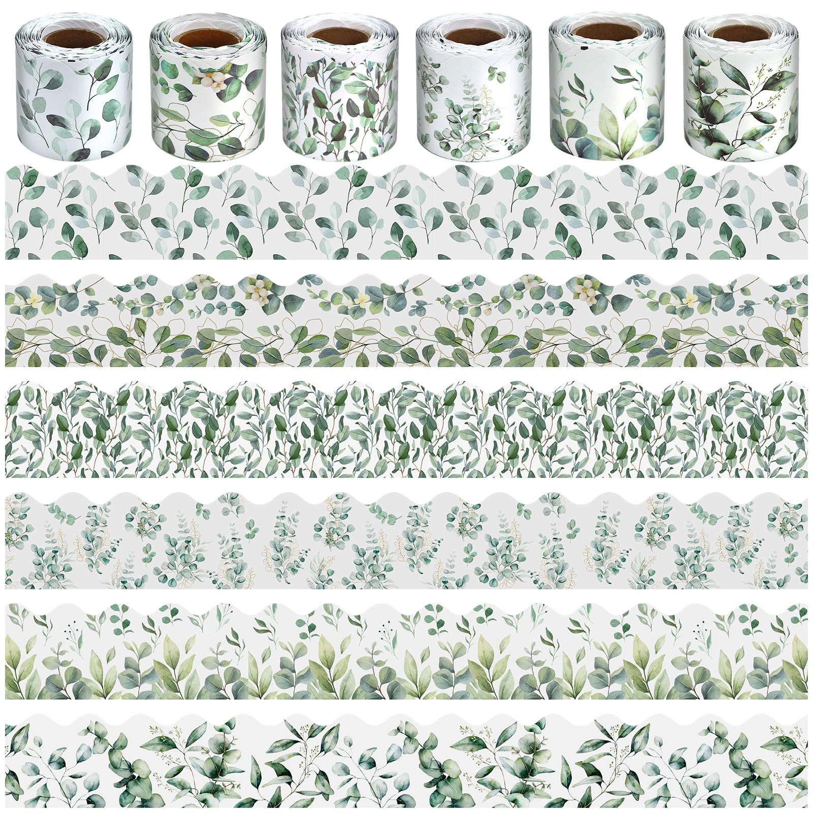 6 Rolls 196.8 Ft Eucalyptus Bulletin Board Border Set - Nature Inspired Greenery Trim for Classroom, Office & School Decor - Green Jungle Theme for Summer Displays-Teacher Decor, Wall & Theme Supplies