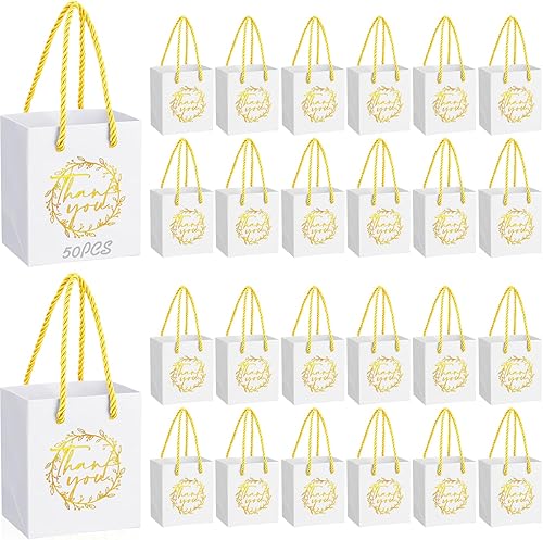 Yeaqee 50 mini bolsas de regalo de agradecimiento con asas de 4 x 2.75 x 4.5 pulgadas, papel de aluminio dorado para boda, regalo de despedida de