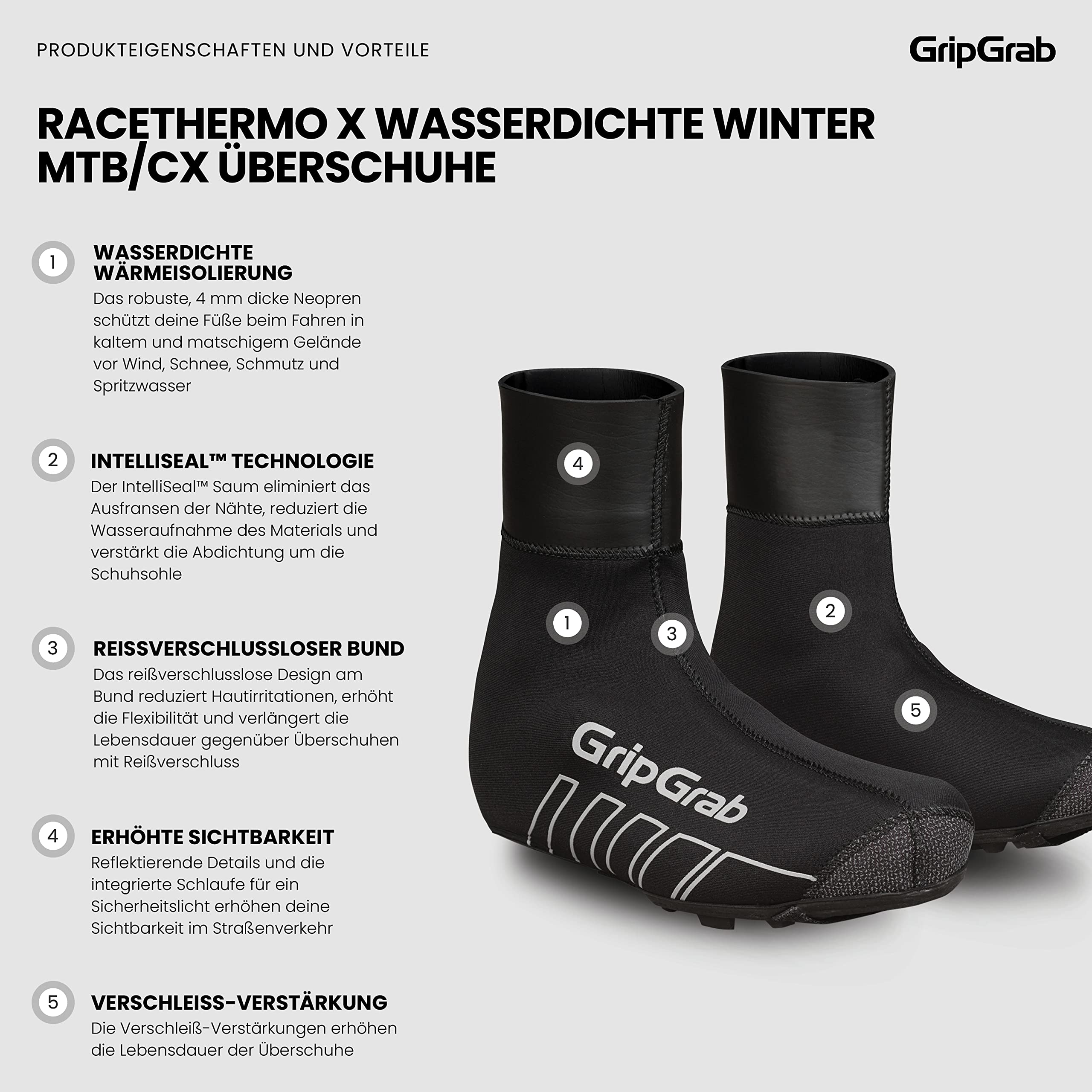 GripGrab Winter MTB Gravel Überschuhe Neopren - Wasserdicht Eng Anliegend | Warme Zipperless Thermo Bike Überzieher für Gravelbike und Cyclocross - 4mm Kälteschutz mit reflektierenden Details an Ferse