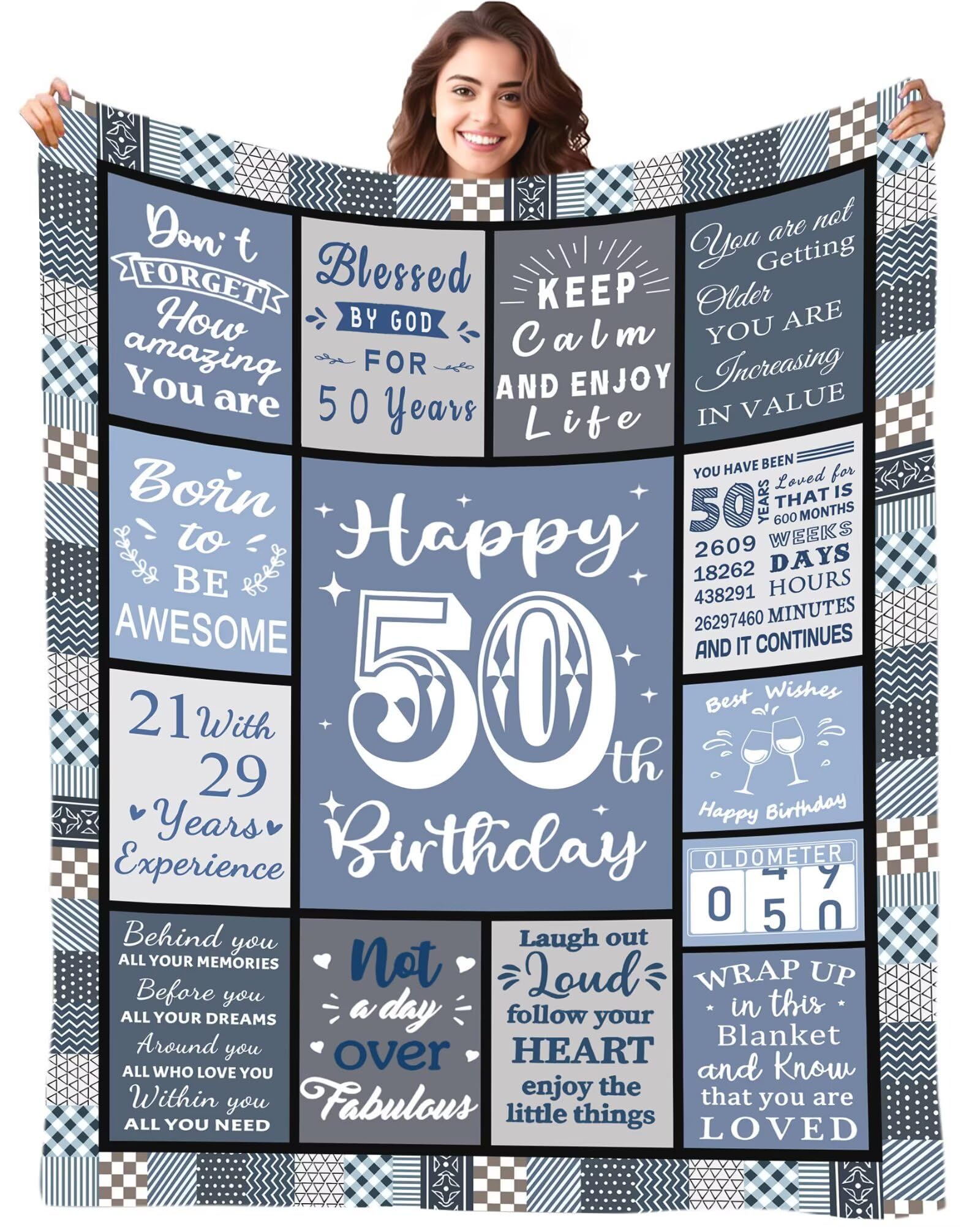 Fecifte 50th Birthday Gifts Blanket for Women Men - 50 Year Old Birthday Decorations Presents, Personalised Flanell 50th Birthday Blanket Gifts for Women Men Wife Sister 50"x60"