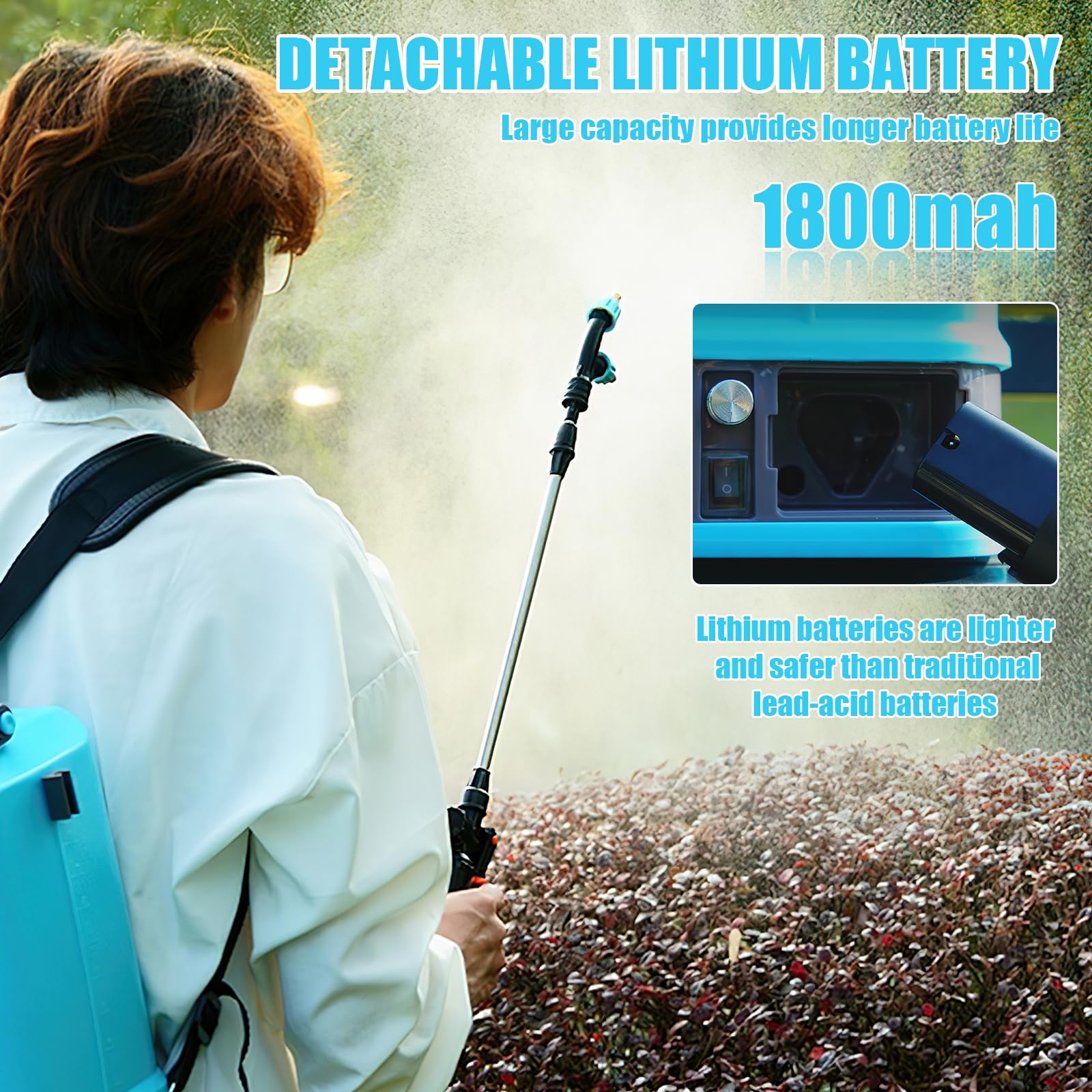 Pulverizador de presión de 10 litros, inalámbrico, con 5 boquillas de niebla, mango USB recargable y lanza retráctil, para césped y jardín (batería)