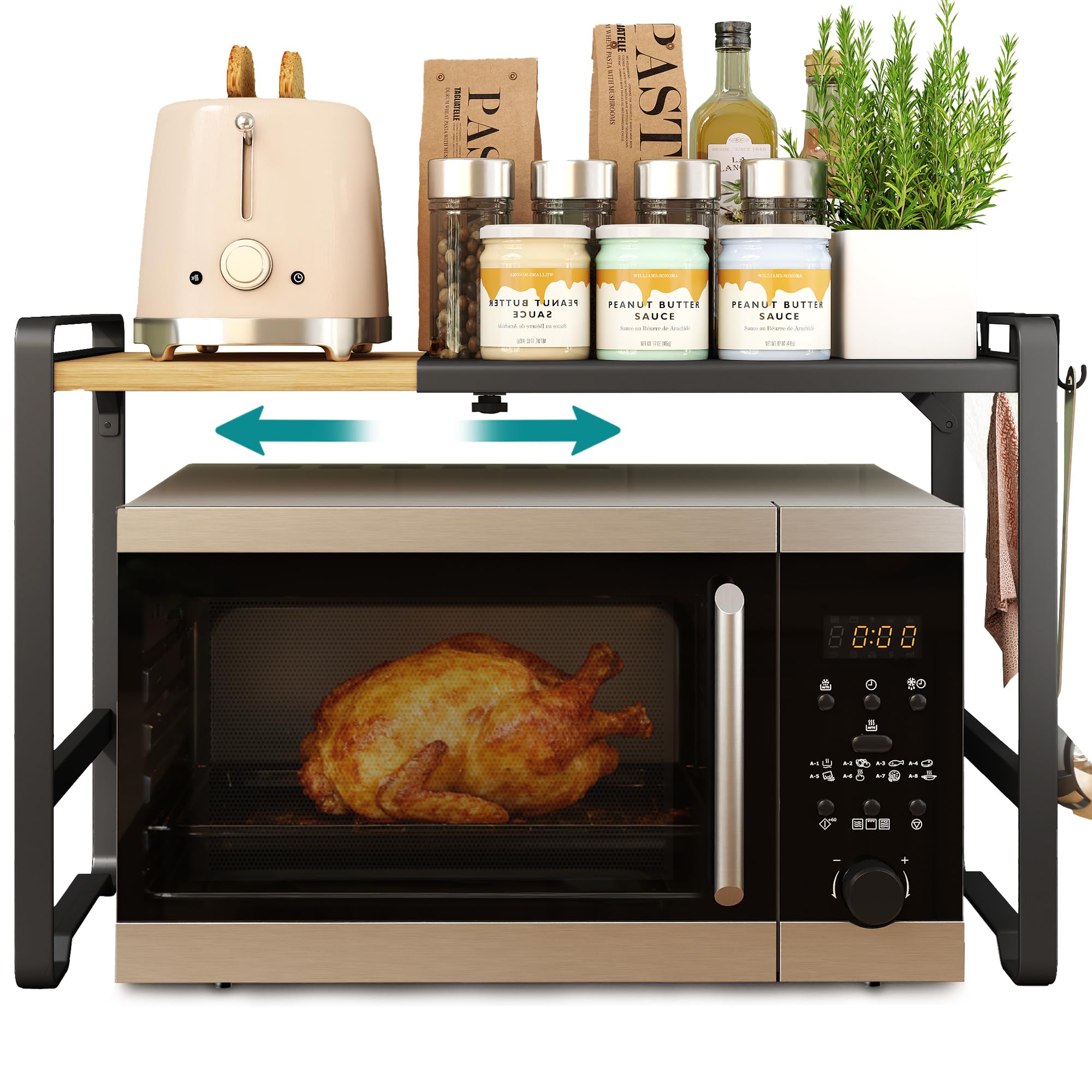 SONGMICS Expandable Microwave Shelf, Microwave Holder, Adjustable Width 41-64 cm, for Kitchen, Steel and Bamboo, 4 Hooks, Black Ink and Light Bamboo KCS060B01
