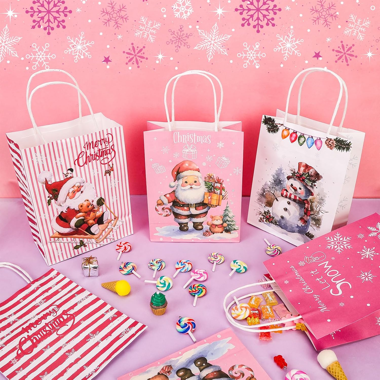 HOWAF 12Pcs Pink Christmas Gift Bags, Christmas Bag Bulk with Handle Xmas Paper Goodie Bags for Birthday Xmas Holiday Presents Party Supplies Gift Wrapping Candy Treat Bag Decorations - Image 4