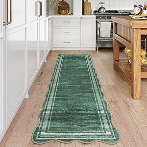 GarveeHome Washable Runner Rug 2x6 Kitchen Hallway Scalloped Rugs, Non Skid Stain-Resistant Solid Bordered Rug Soft Scalloped Entryway Carpet Runner for Bathroom Laundry Room Bedside(Green,2x6ft)