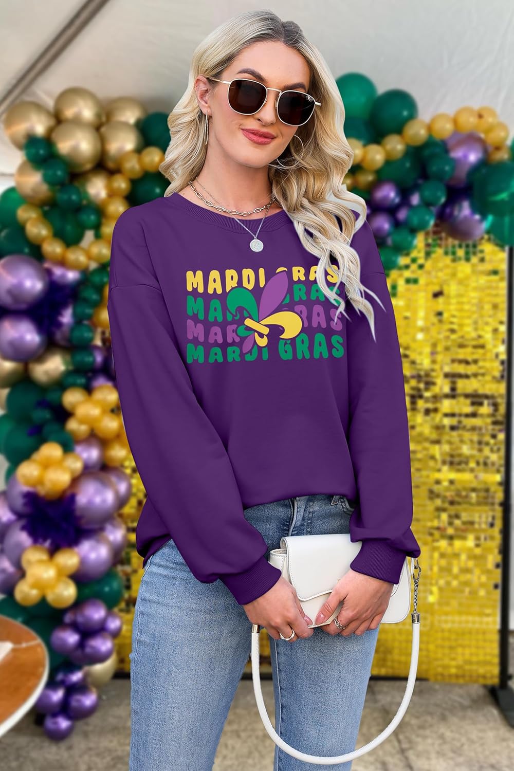 ALLTB Mardi Gras Sweatshirt for Women Carnival Outfit Shirt Fat Tuesday Shirt Holiday Party Long Sleeve Tops - Image 3