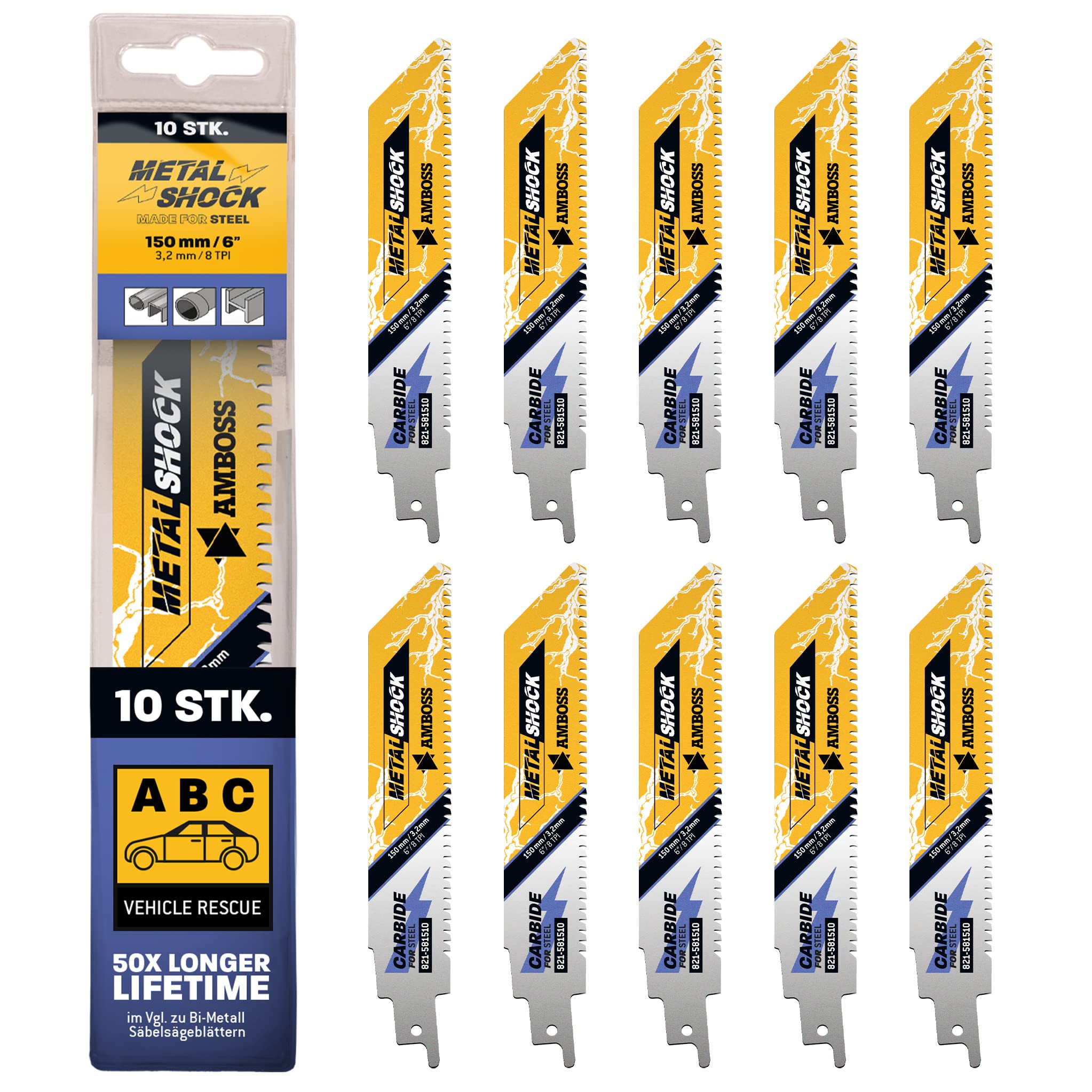 AMBOSS METAL SHOCK - 10x lame de scie sabre 150 mm / 8 dents - idéale pour la démolition/le sauvetage de véhicules/la construction/le démontage/la construction de tuyauteries - pour l'acier