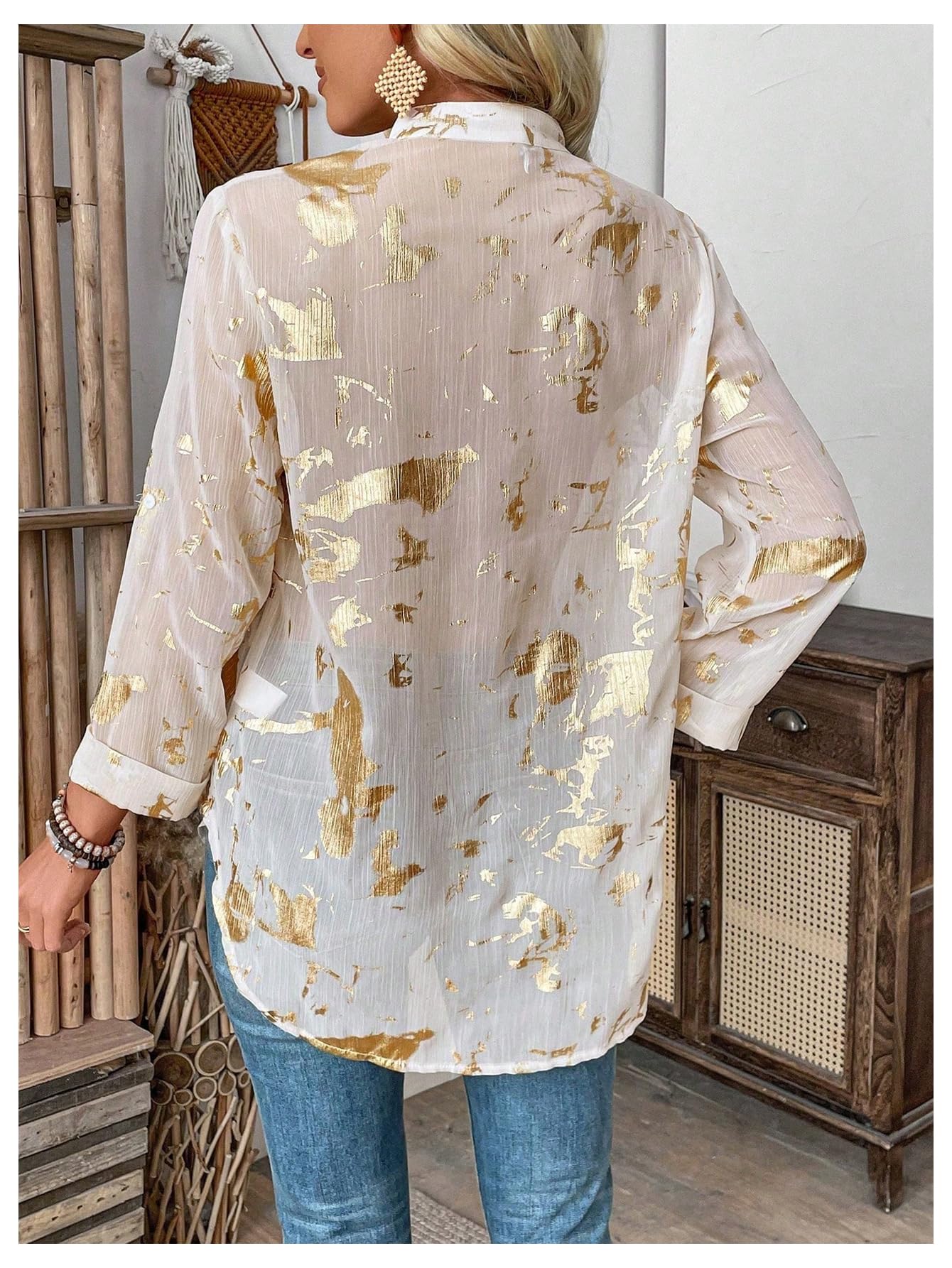 GORGLITTER Women's Sheer Button Down Shirts Long Sleeve Blouse Business Tops