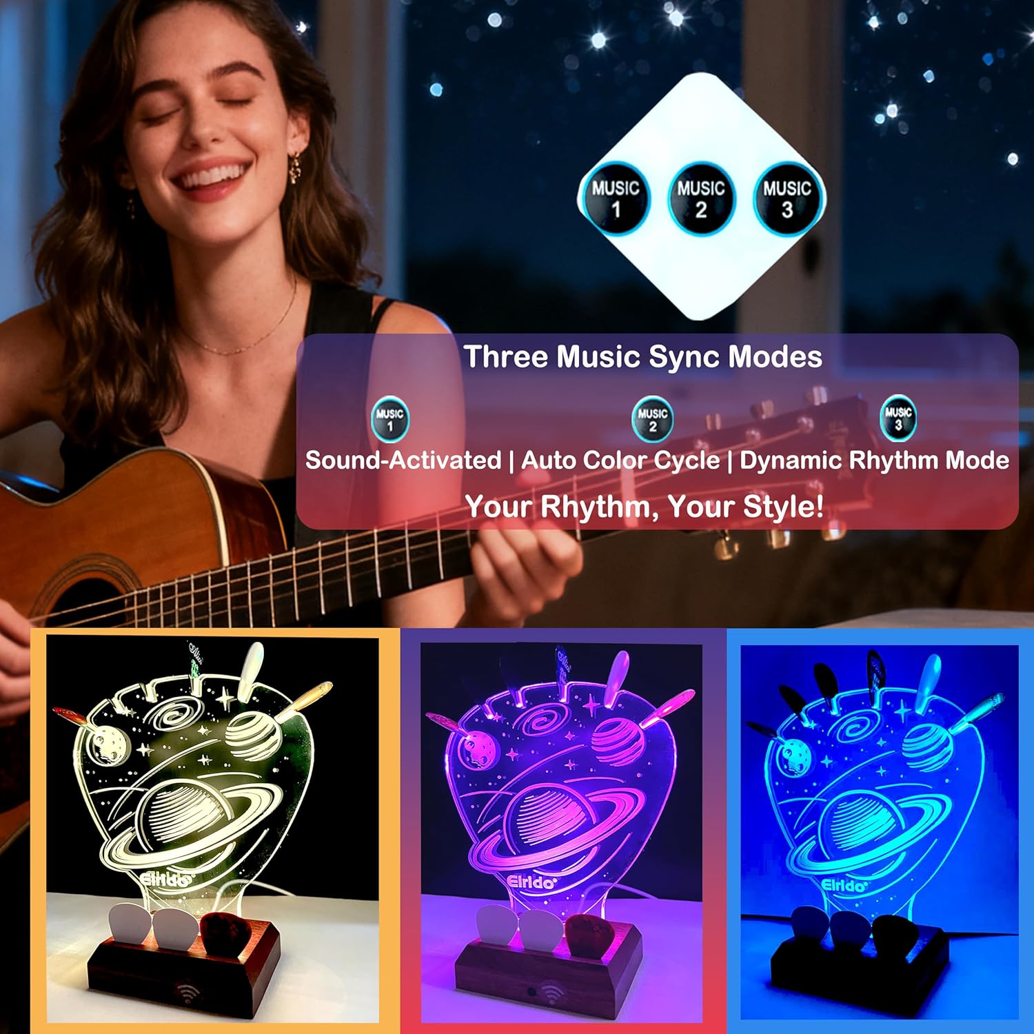 Elrido Guitar Pick Holder with Cosmic-Themed Glowing Design, Heart-Shaped Display Case for Picks Storage, USB Powered Guitar Accessories, Unique Gift for Guitar Players, Collectors, Performers (Blue)