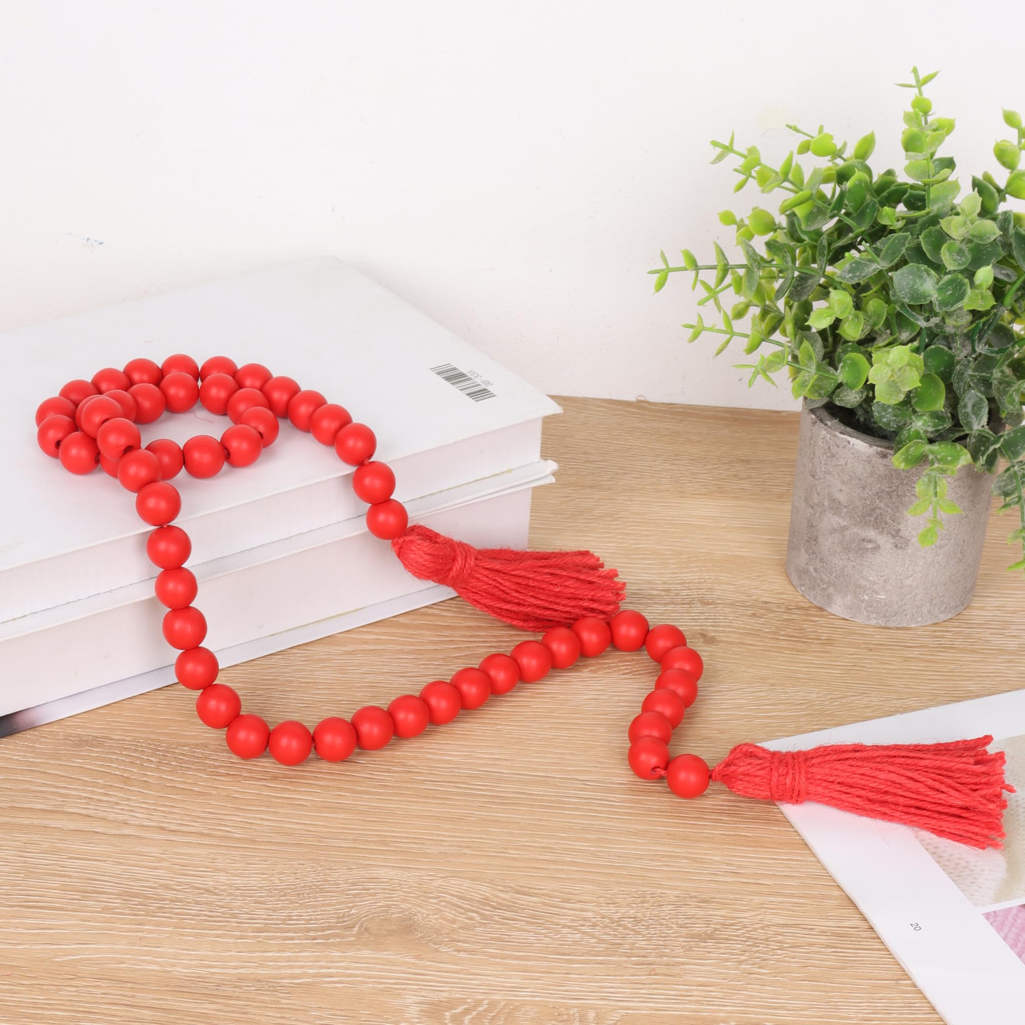 RAMIRABI Houten kralen slinger met kwastjes boerderij kralen rustieke gebedskralen Boho kralen voor Boho woondecoratie, muur opknoping decoratie (rood
