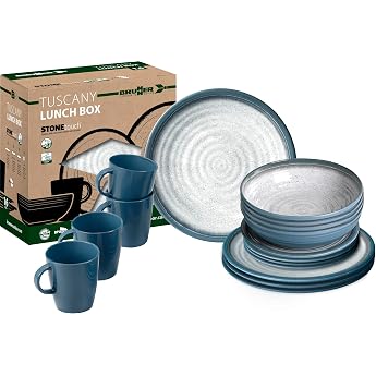 Brunner Melamine ESS Tableware Set Lunch Box 16-Piece Camping Travel Plate and Cup Set blue grey