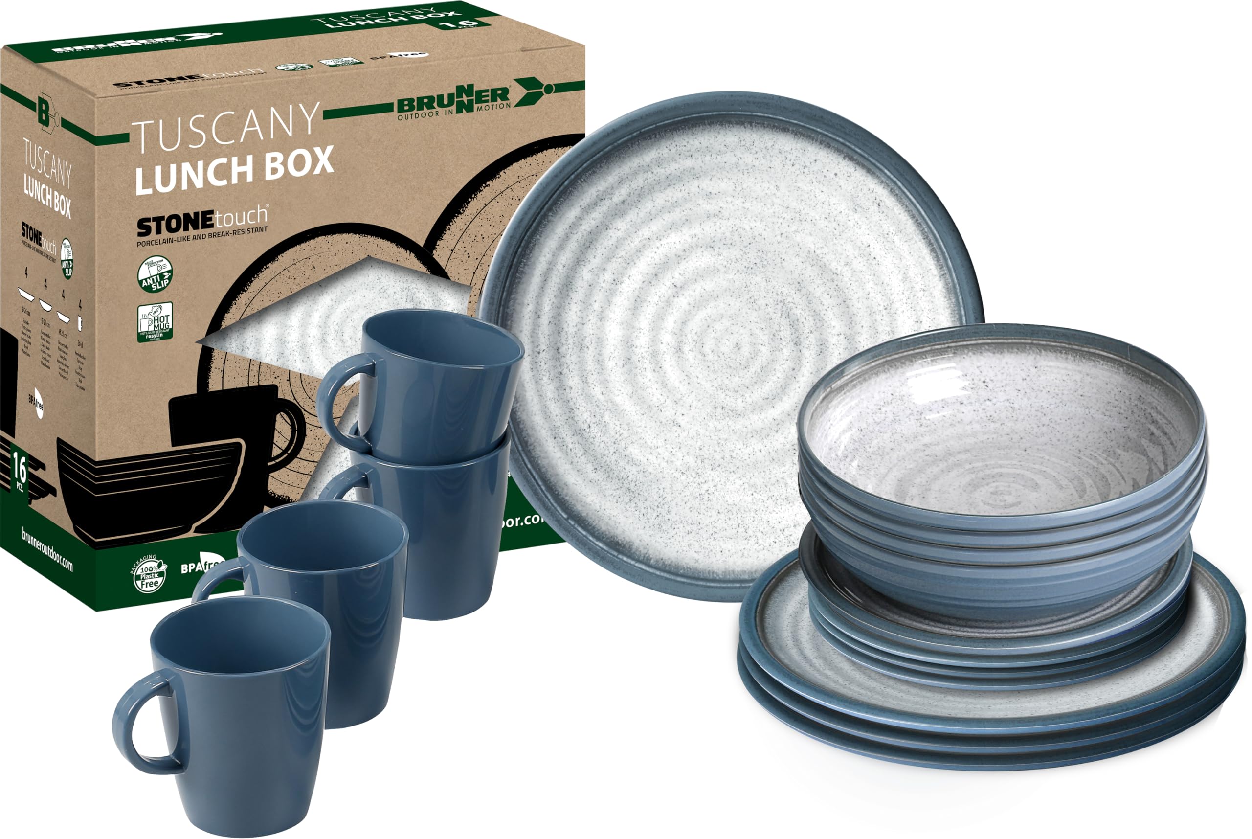 Brunner Stonetouch Melamine Caravan Dinner Set, Anti Slip Outdoor Tableware Set, Lightweight Break Resistant Plates Bowls & Mugs - Camping, Motorhome, Picnic Dining Set (Tuscany, 16 Piece Set)