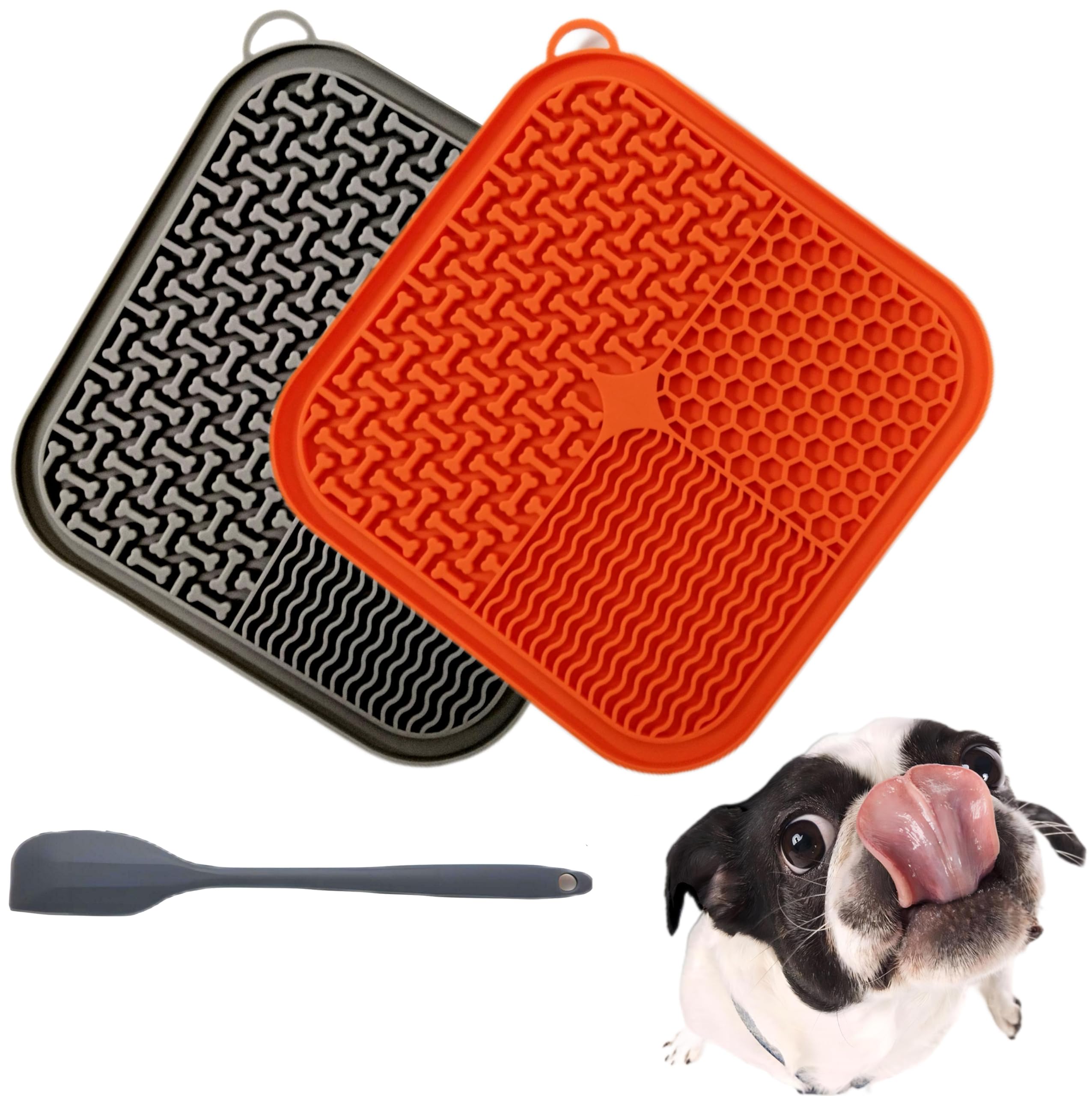 Decyam Licky Mats per cani - Tappetini per cani e gatti, con base antiscivolo a ventosa, ideali per toelettatura e addestramento degli animali domestici (confezione da 2 + 1 spatola) (confezione da 2 + 1 spatola) arancione+grigio