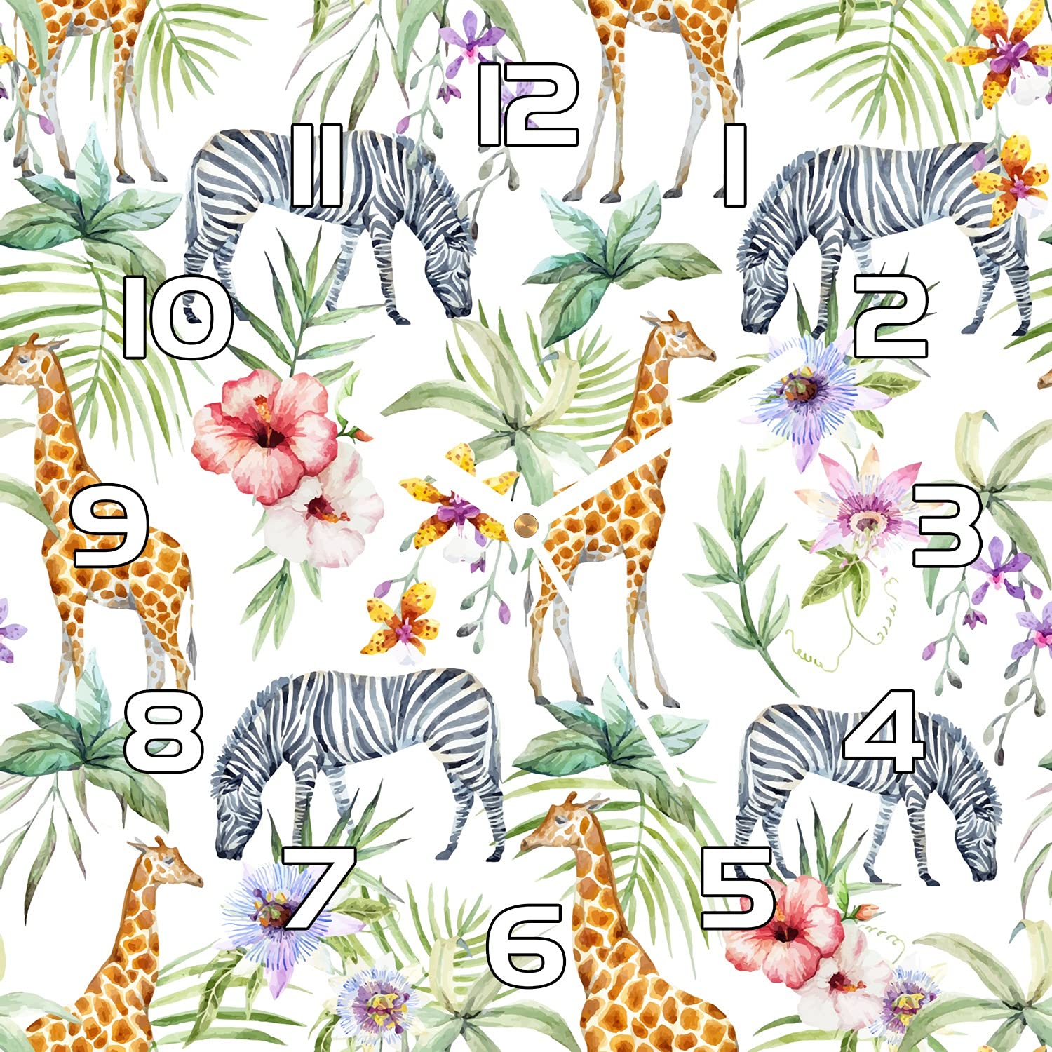 Horloge murale 30x30 cm en verre motif girafe zèbre jungle et aiguilles blanches Coloray