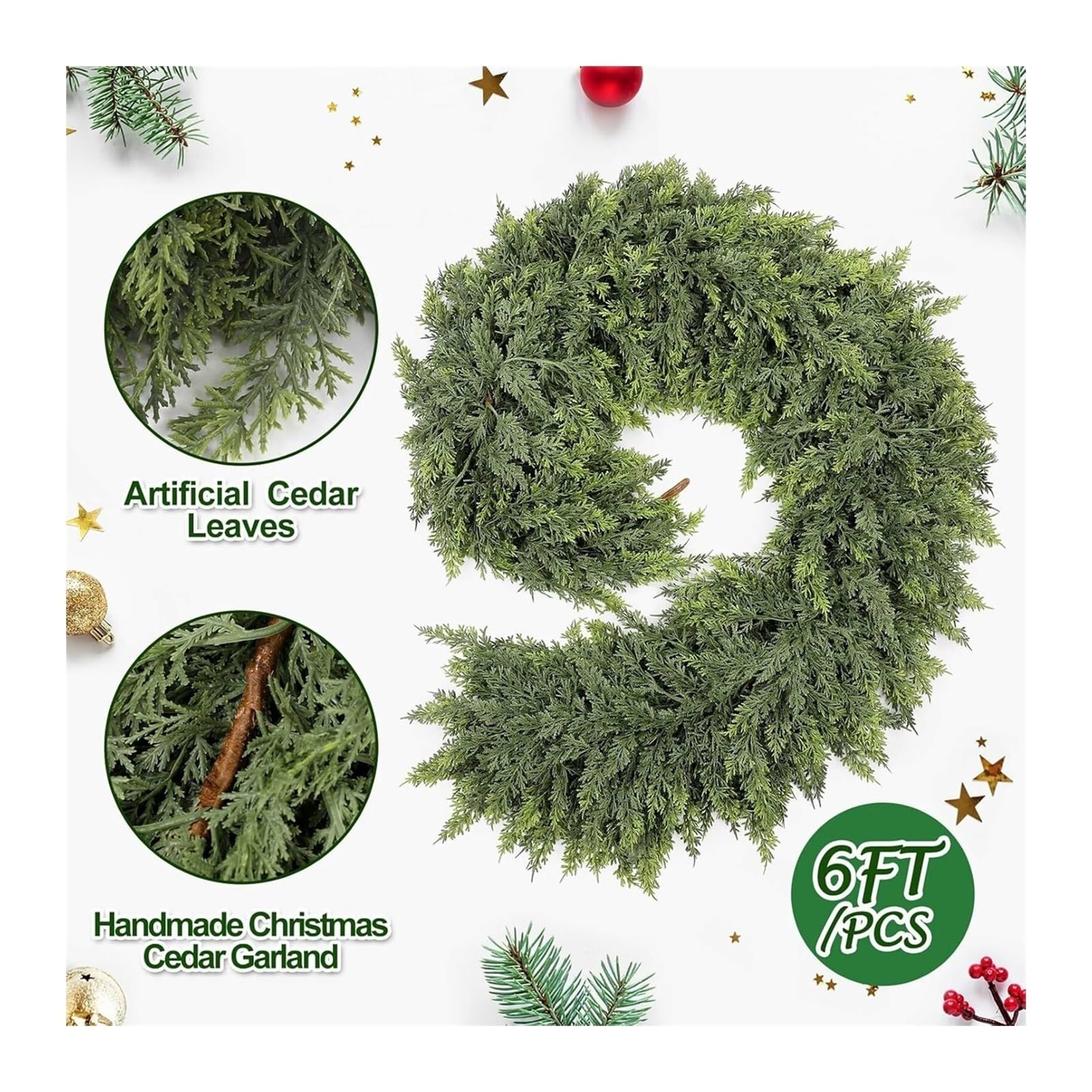 Guirnalda Artificial de Cedro y Pino for decoración navideña, 1,8 m de follaje Artificial for repisa, Pared, Escalera, decoración navideña Interior y Exterior.(180cm-6FT)