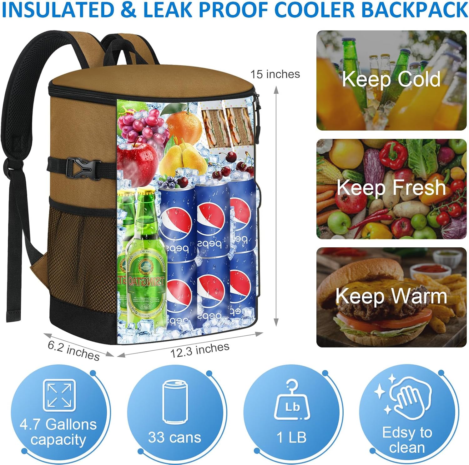 Tenot Cooler Backpack 33 Cans Backpack Coolers Insulated Leak Proof Soft Beach Cooler Bag for Men Women Ice Chest Backpack Camping Hiking Picnic Travel Cooler Lunch Backpack