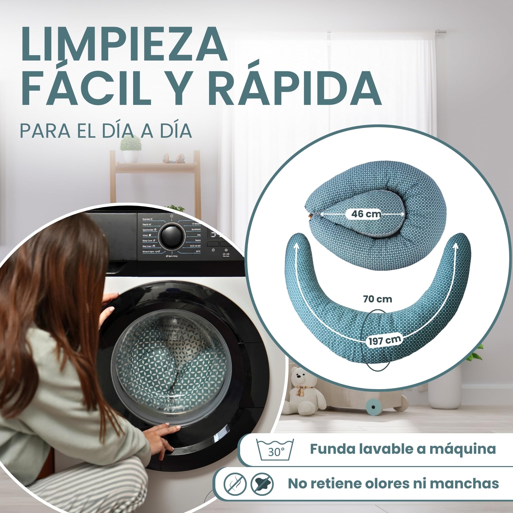 MATERNIKA Almohada Embarazada y cojin de Lactancia-XL Oeko-Tex. Multifunción 3 en 1 para Dormir, para la Lactancia y como Nido Bebe - Relleno de Espuma viscoelástica - Incluye Muselina para Bebe.