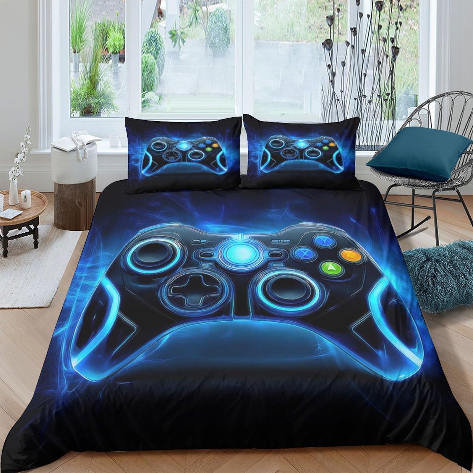 GPLZQXKJNH 3D Printed Game Controller Duvet Cover Set Microfiber Soft Breathable Blue Neon Bedding Set with 2 Pillowcases for Bedroom Decor Single（135x200cm）