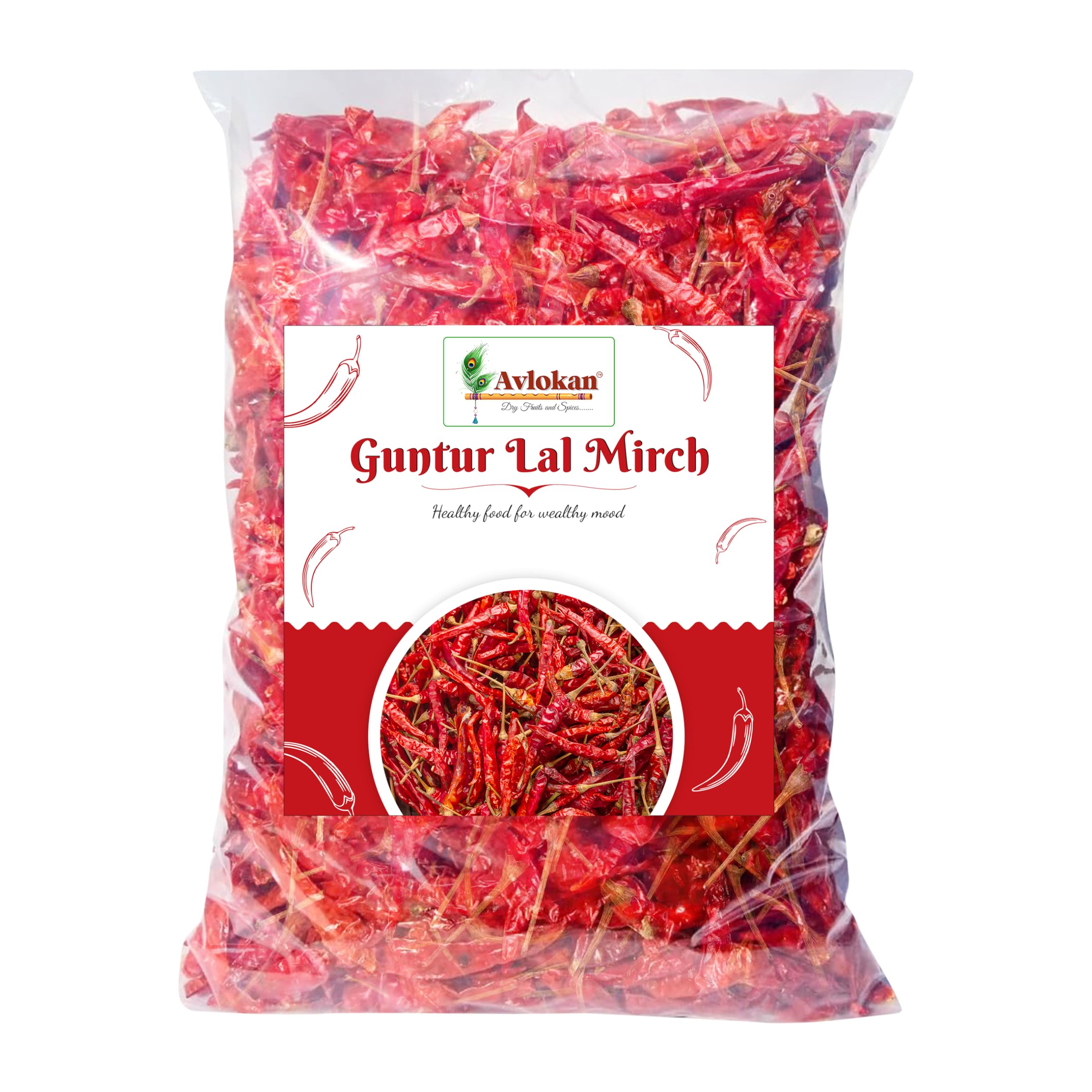 Avlokan Guntur Red Chilli Whole with Stem - 1kg100% Natural, Hot & Spicy Dried Red Chilli | Guntur Sabut Lal Mirch Guntur Withstem Red Chilli (500gm X 2)