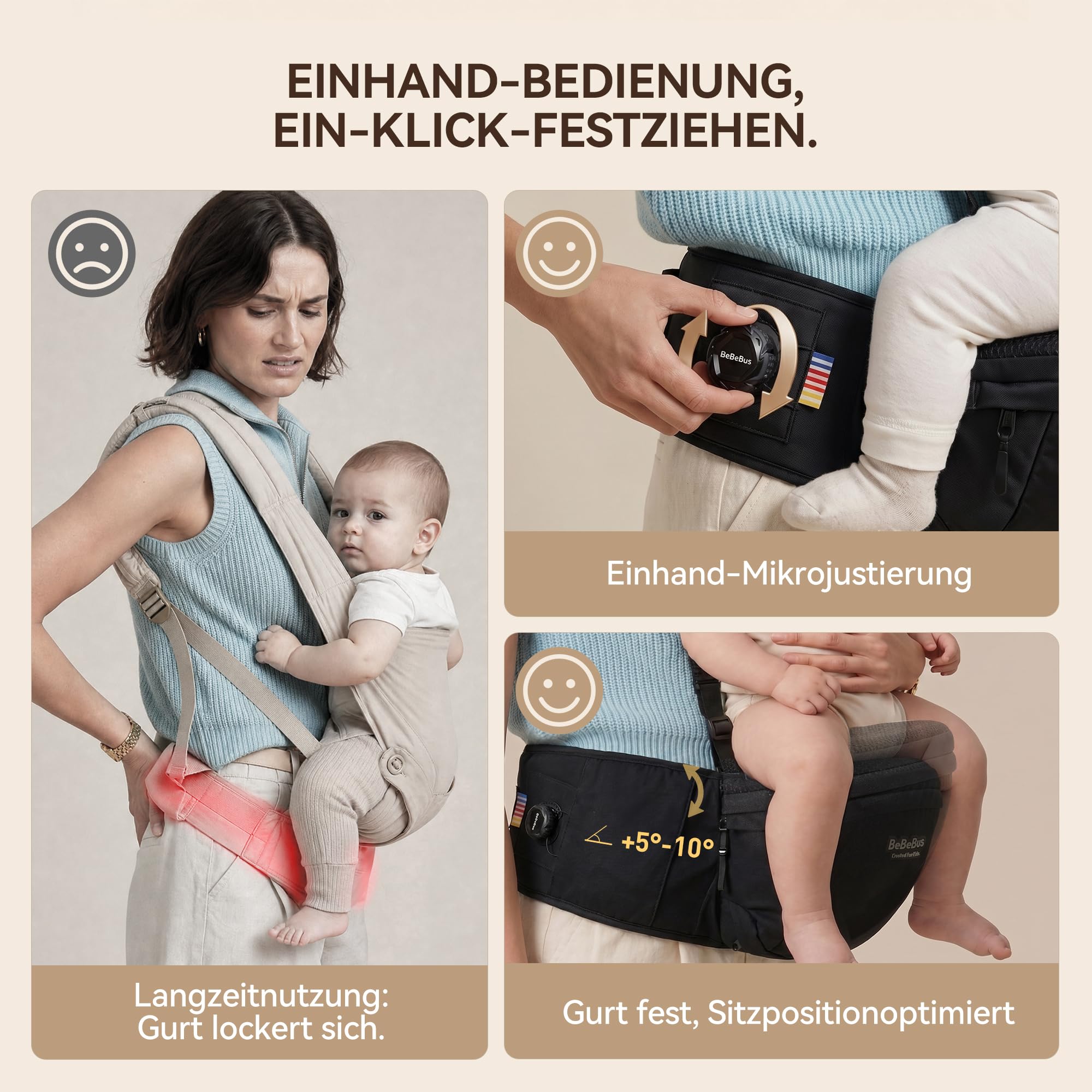 Portabebé Ergonómico con Asiento de Cadera, Mecanismo Rotativo de Bloqueo, Diseño en Y para Aliviar la Espalda, Gran Espacio de Almacenamiento, Taburete de Cintura 0-36 Meses, hasta 20 kg