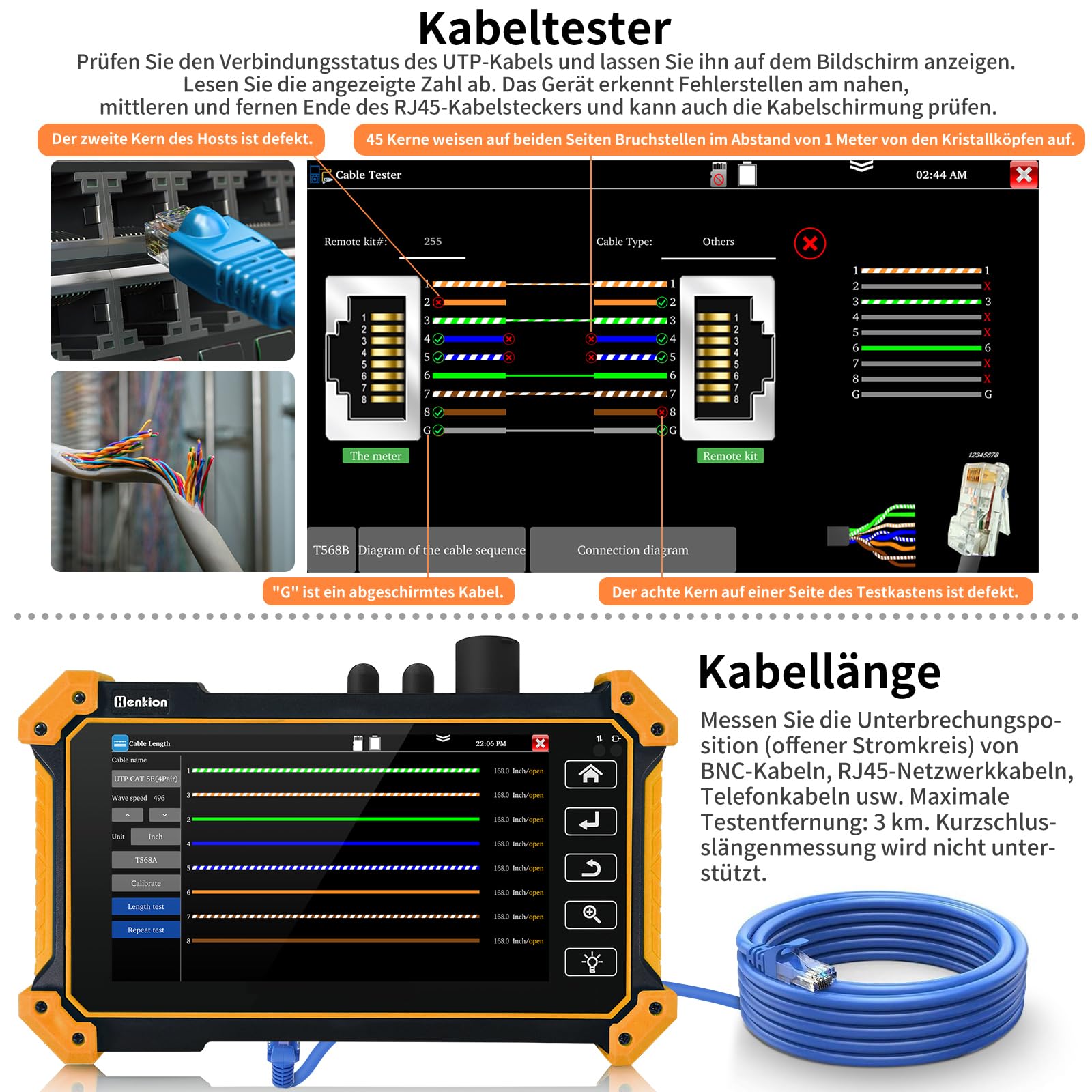 Henkion OTDR Fiber Optic Tester 1310/1550 nm 26/24 dB Glasfasermessgerät, Automatik/Parametermodus, OPM, LS, OLS, Ereigniskarte, Kabeltester, 8 Fasernadapter, Datei- und Berichtseinstellung