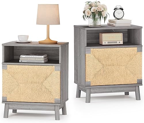 Yechen Mesita de noche con cajones de ratán natural hechos a mano, mesa auxiliar de cama y mesa auxiliar con almacenamiento, para sala de estar,