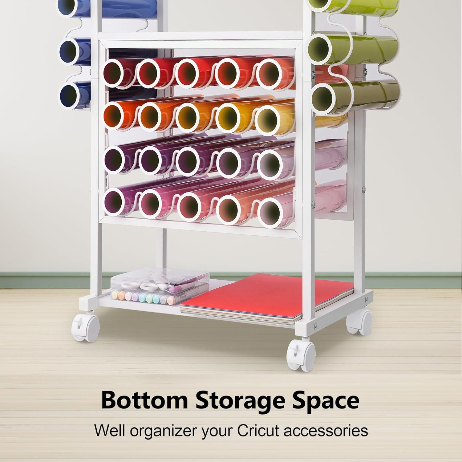30 Vinyl Roll Holders for Cricut Cart, Organization and Storage Compatible with Cricut Maker Machine, Crafting Table Organization Workstation for Craft Room, Rolling Craft Cart for Small Spaces, White