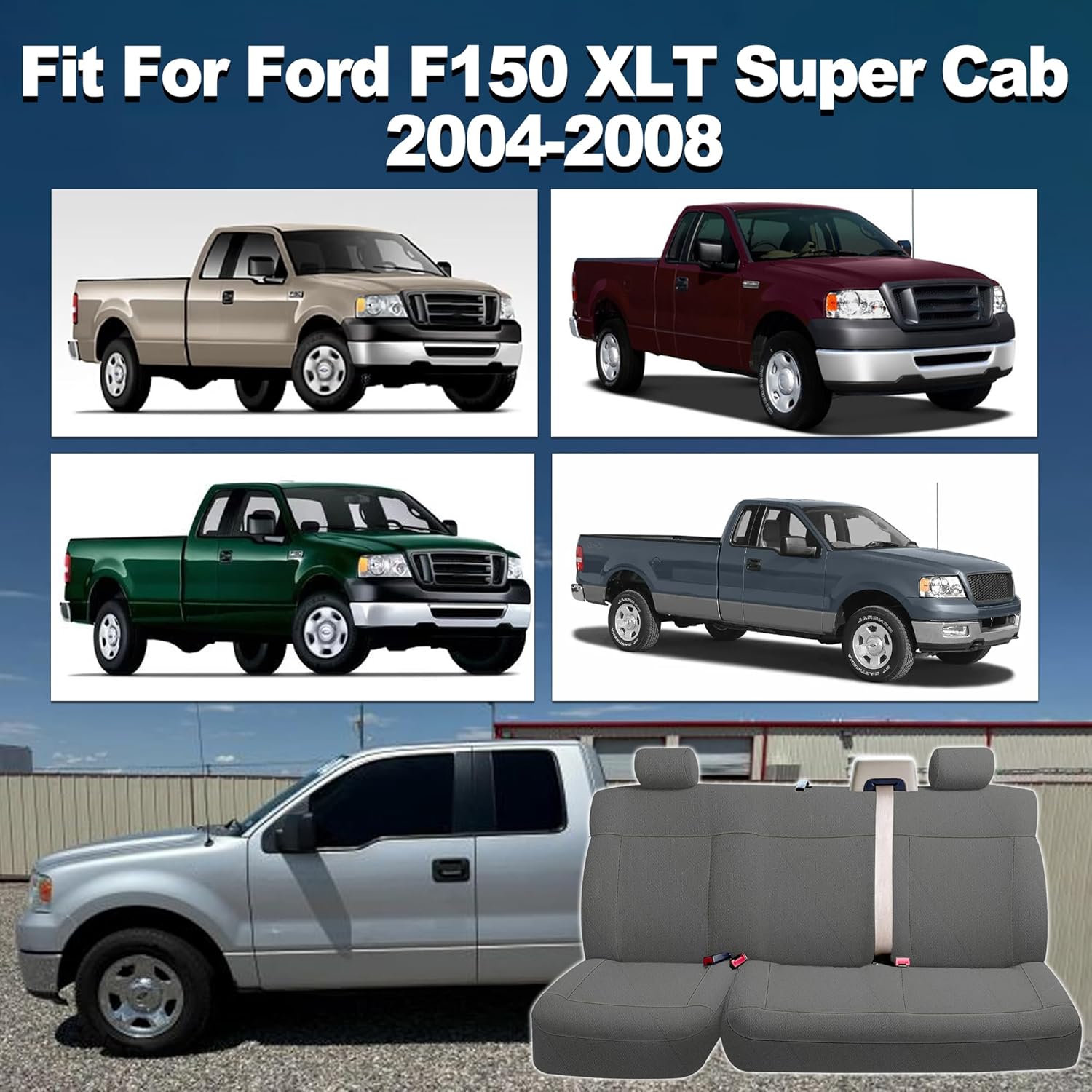 Truck Seat Covers for 2004 2005 2006 2007 2008 Ford F150 XLT Super Cab Knitted Fabric Heavy Duty Knitted Fabric Bench Seat Protectors Accessories - Rear (Gray)