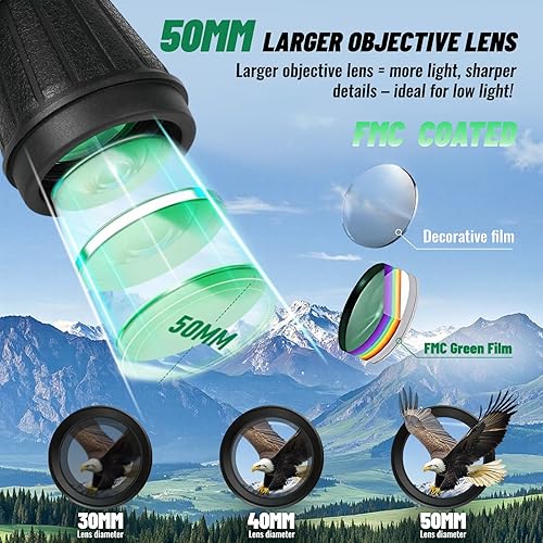 Miniatura 4 de Prismáticos de 10 x 50 con doble ajuste de ocular independiente, con lente BAK4 Prism FMC con visión de poca luz y visión grande, binocular