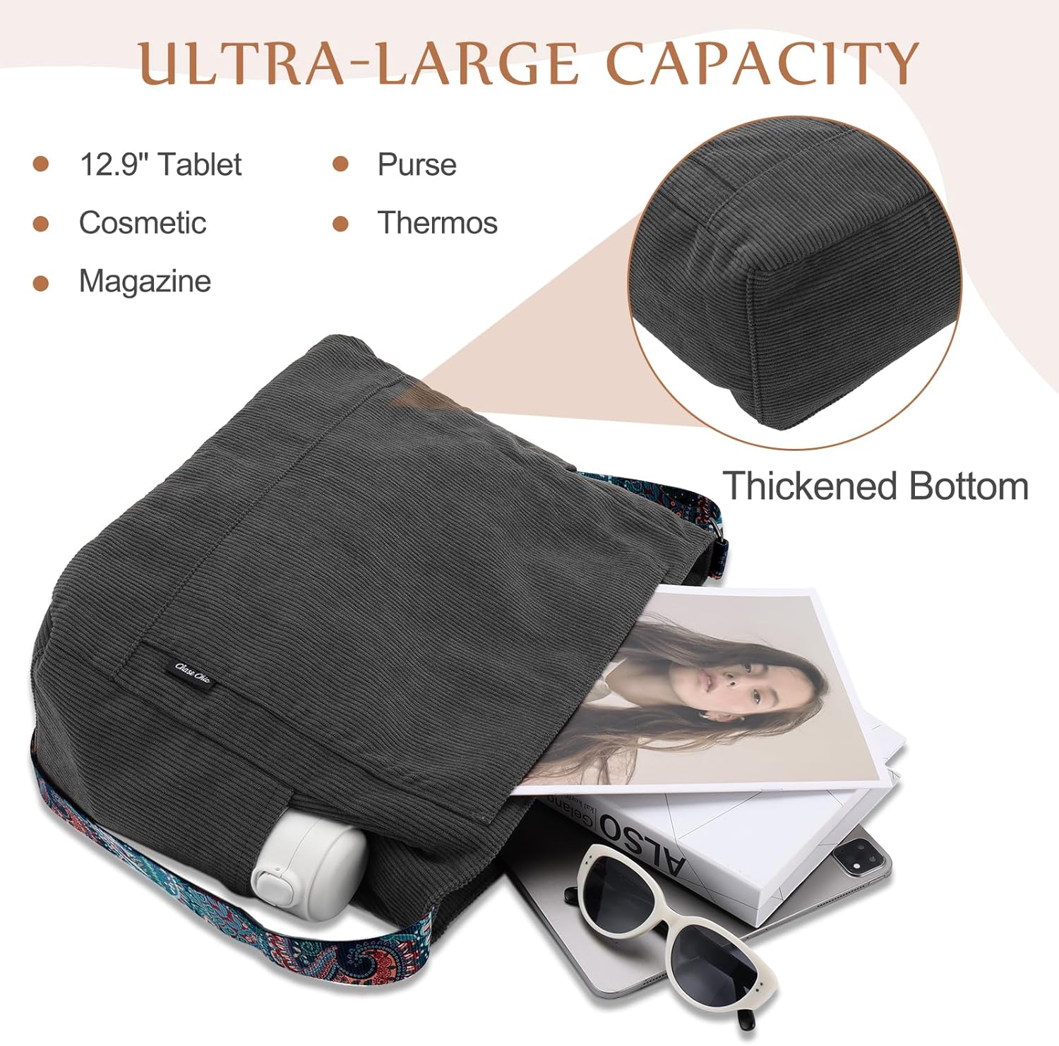 Chase Chic Corduroy Tote Bag for Women, Large Messenger Bag Crossbody Hobo Bag Convertible Shoulder Handbag for Work - Image 5