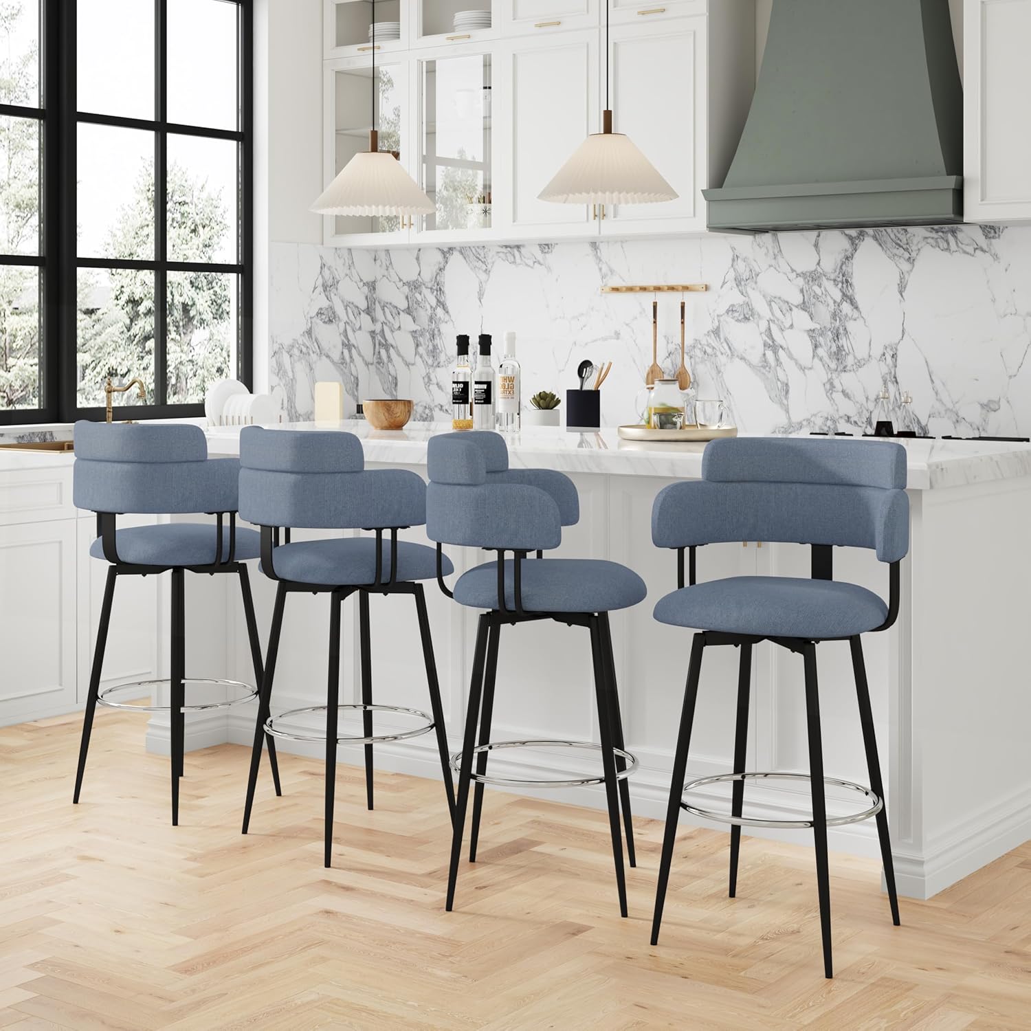Swivel Bar Stools Set of 2, Counter Height Bar Stools with Ergonomic Full Back, Upholstered Linen Fabric Barstools with Chrome Metal Footrest for Kitchen Island, Dining Room，Blue